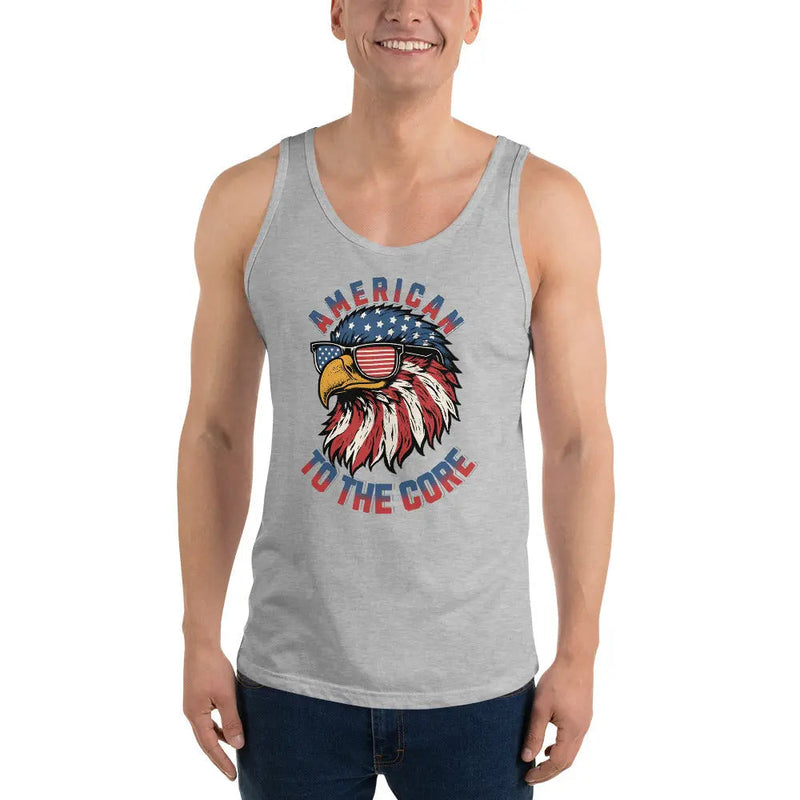 Image of man wearing patriotic tank top