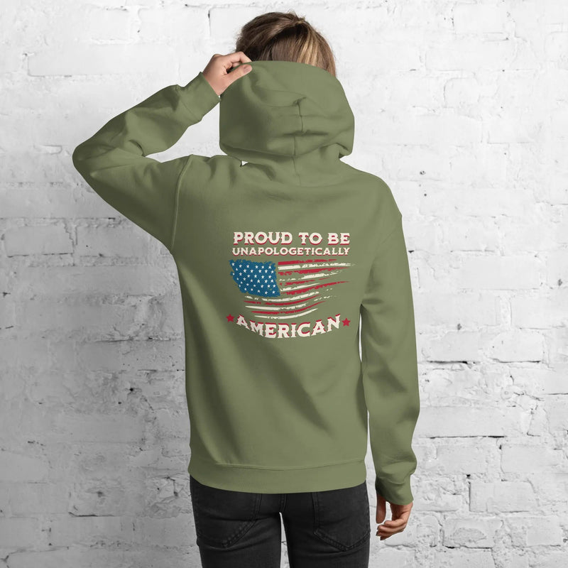 Image of woman wearing patriotic hoodie. 