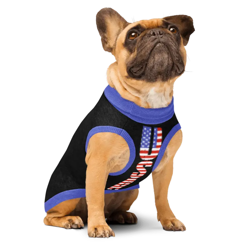 Dog wearing a black shirt with 'USA' printed in American flag colors on a white background