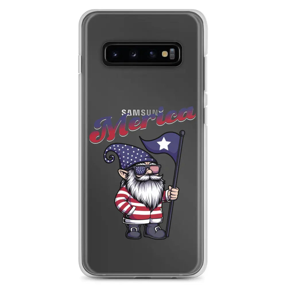 A patriotic Samsung phone clear case with a gnome holding a flag and the text "Merica."