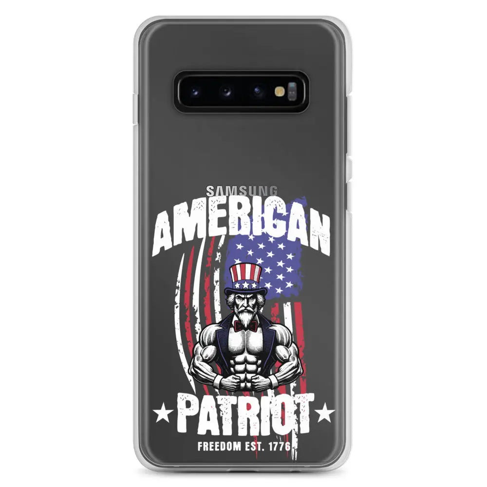 Patriotic Samsung clear phone case with a flexing uncle sam and the text "American Patriot"