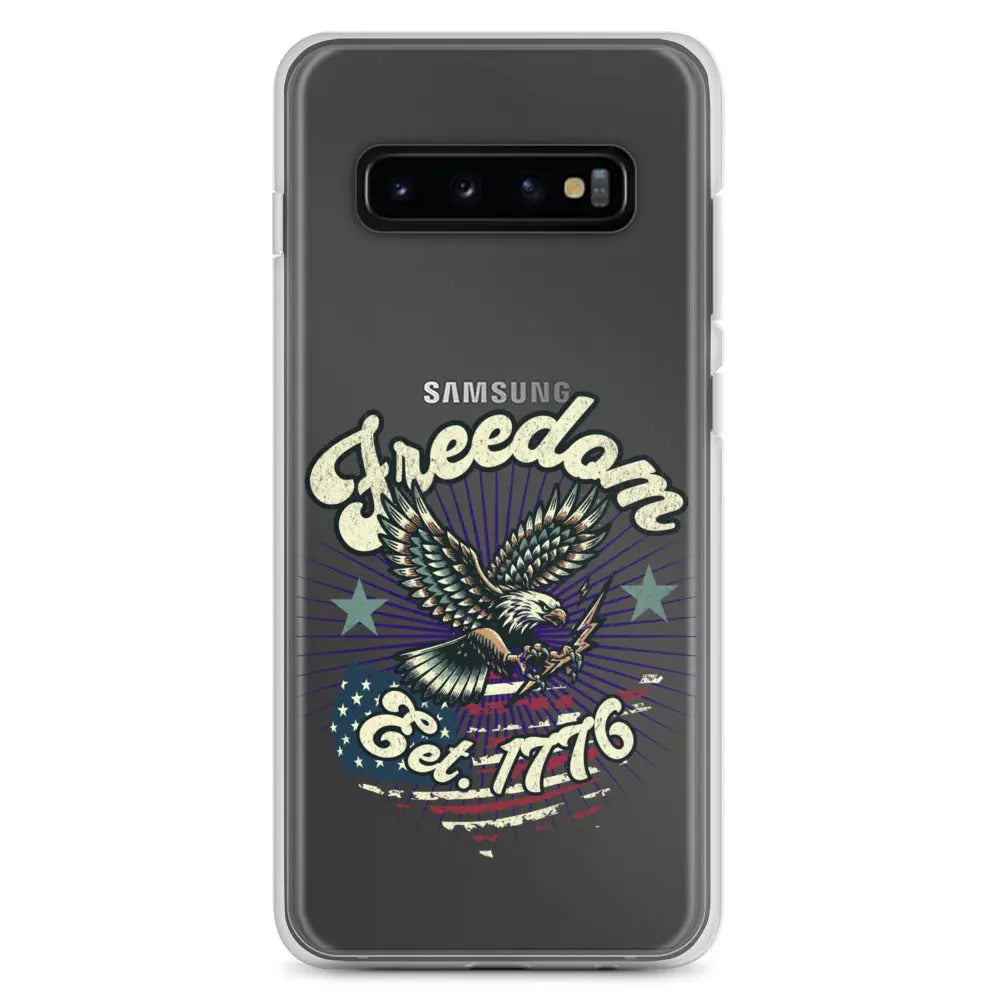 Patriotic Samsung clear phone case with an eagle design and the text "Freedom est. 1776."