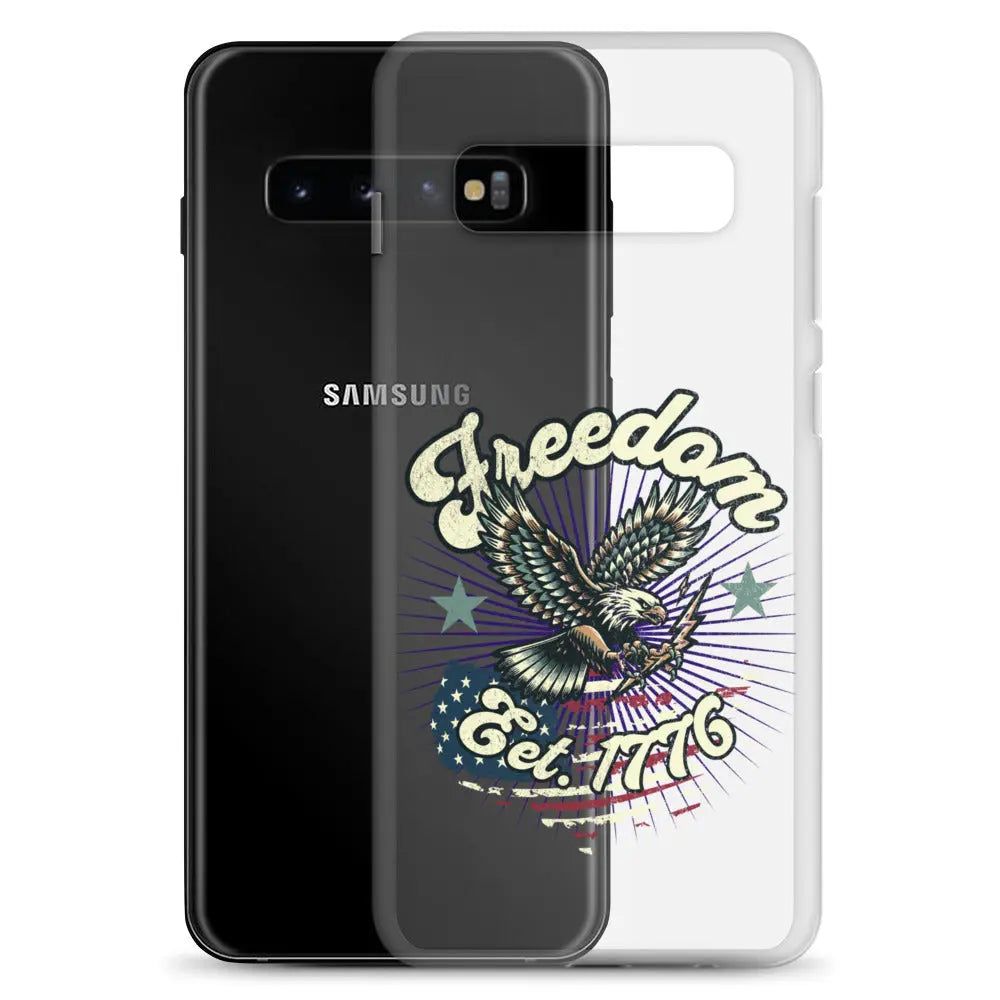 Patriotic Samsung clear phone case with an eagle design and the text "Freedom est. 1776."