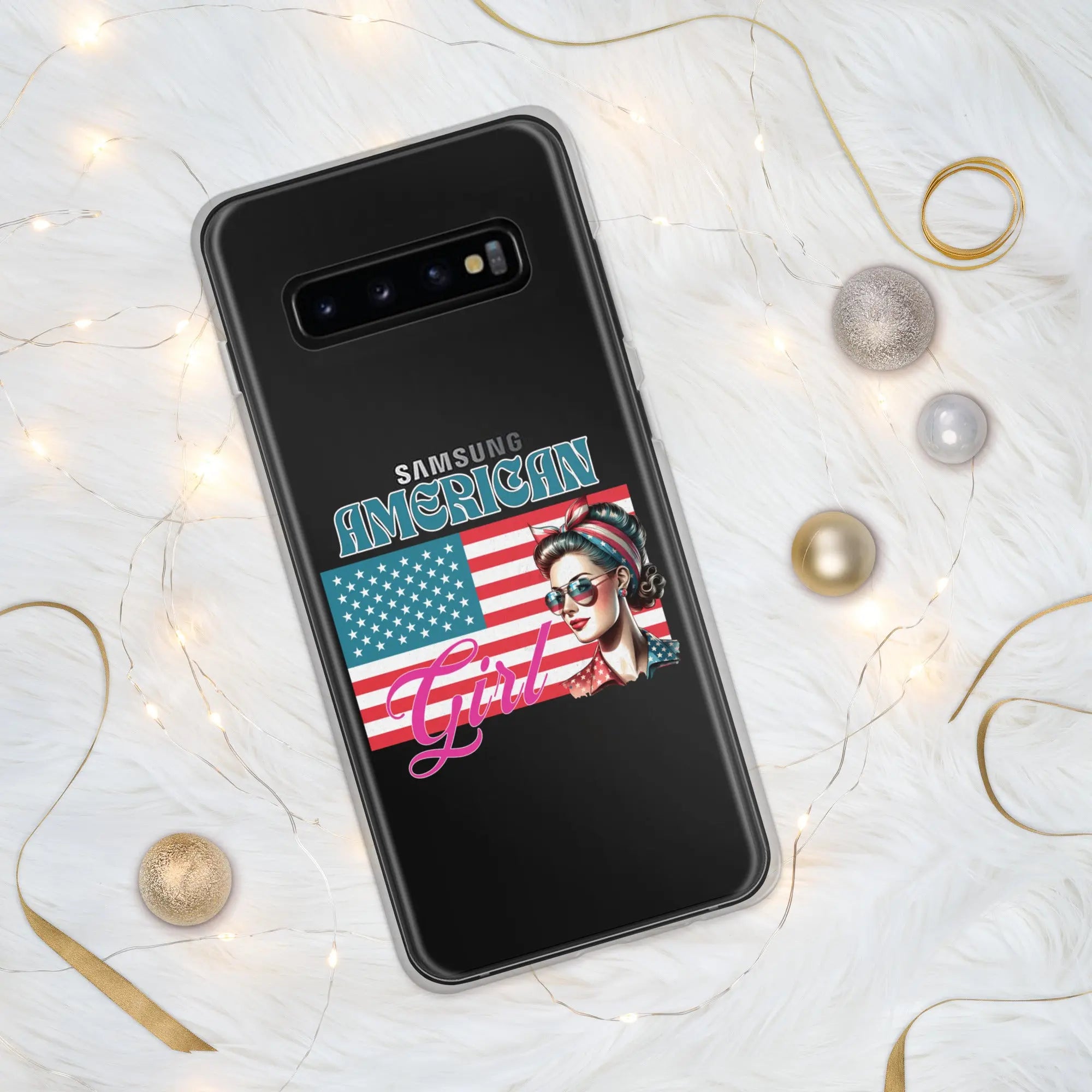 A patriotic Samsung phone clear case with the American flag and a woman's head on it and the text "American Girl."