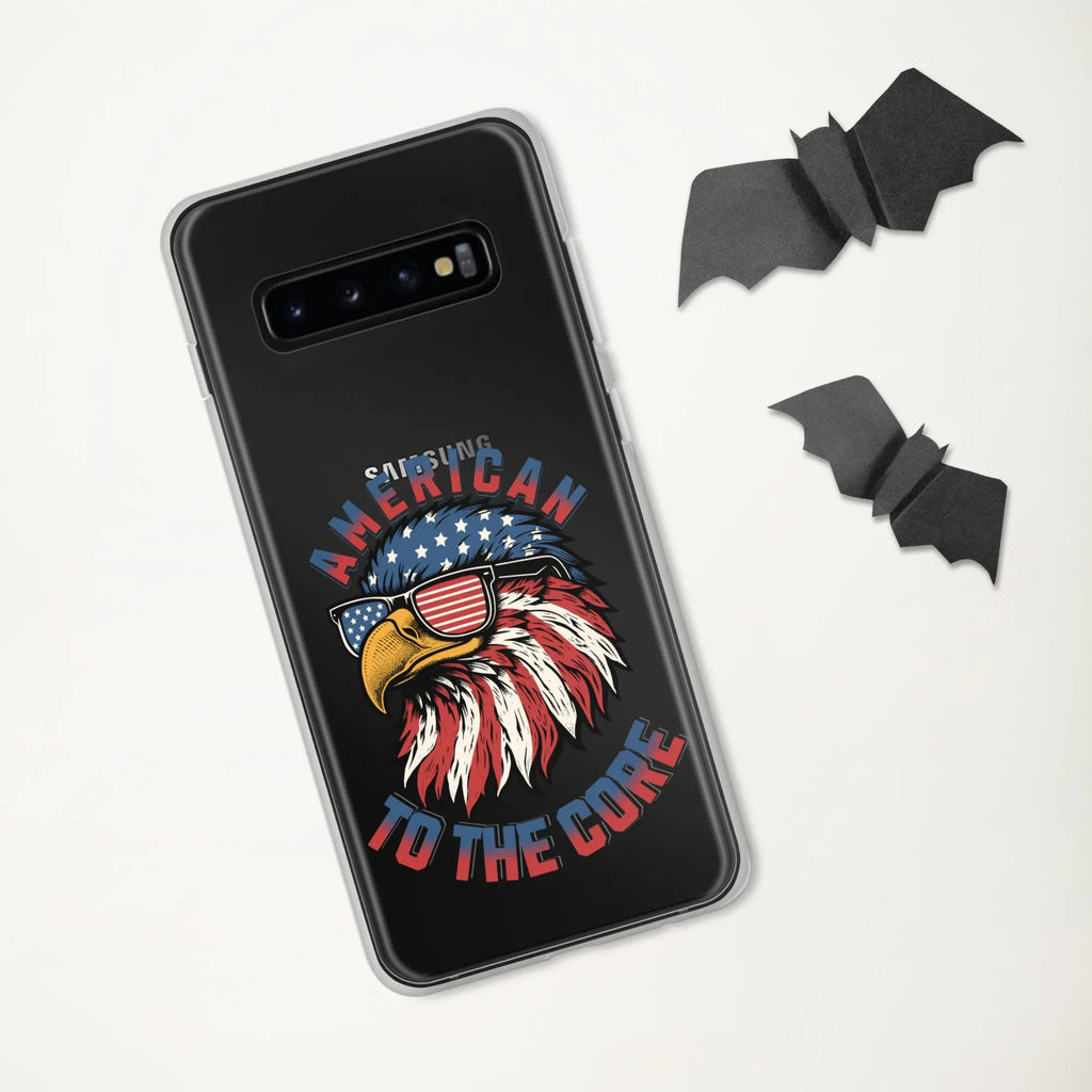 A patriotic Samsung phone clear case with an eagle head and the text "American To The Core."