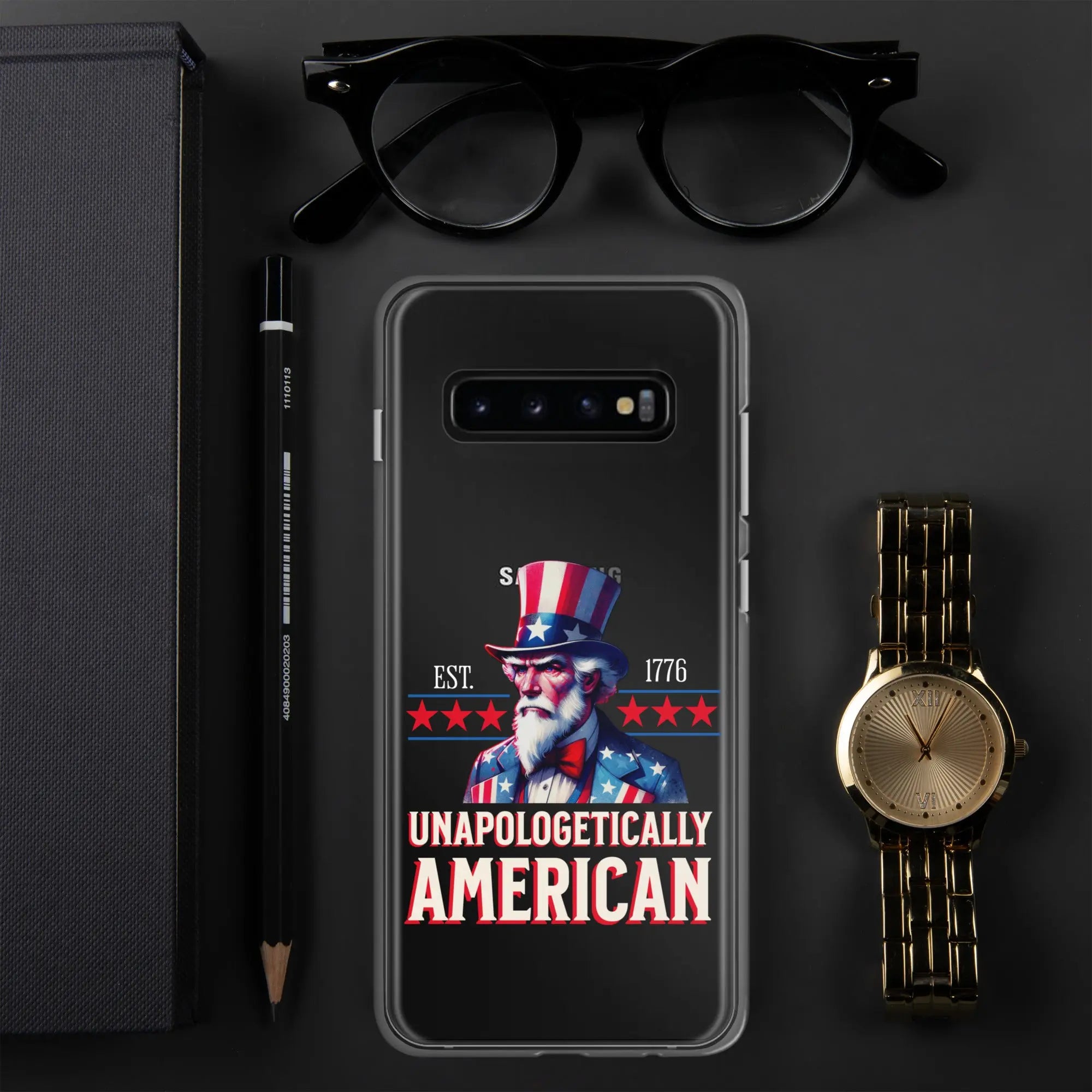 A patriotic Samsung clear phone case with Uncle Sam and the text "Unapologetically American."
