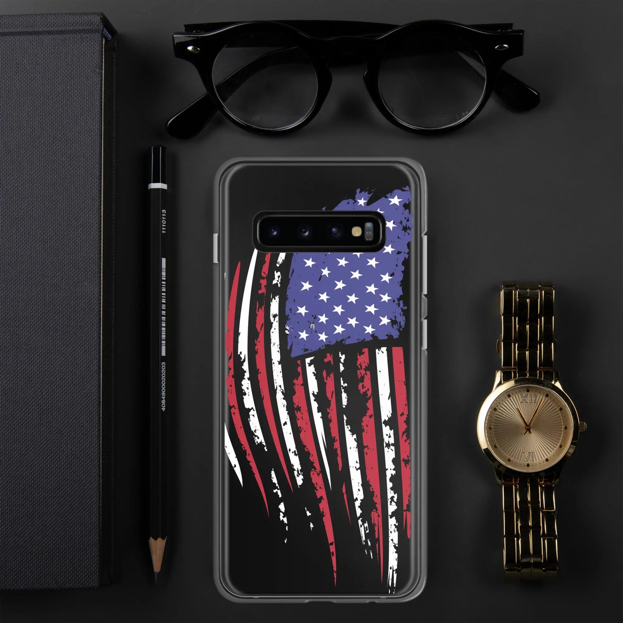 A patriotic Samsung phone clear case with the American flag. 