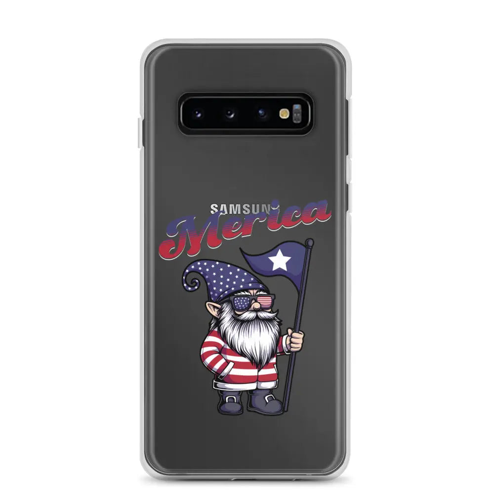 A patriotic Samsung phone clear case with a gnome holding a flag and the text "Merica."