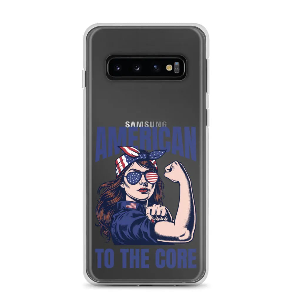 Patriotic Samsung phone clear case with a woman flexing and the text "American To The Core."