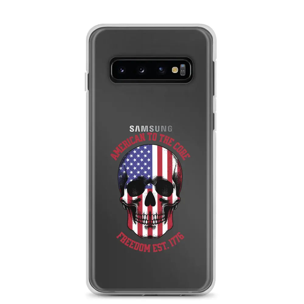 Patriotic Samsung clear phone case with an American flag skull and the text "America To The Core and Freedom est. 1776".