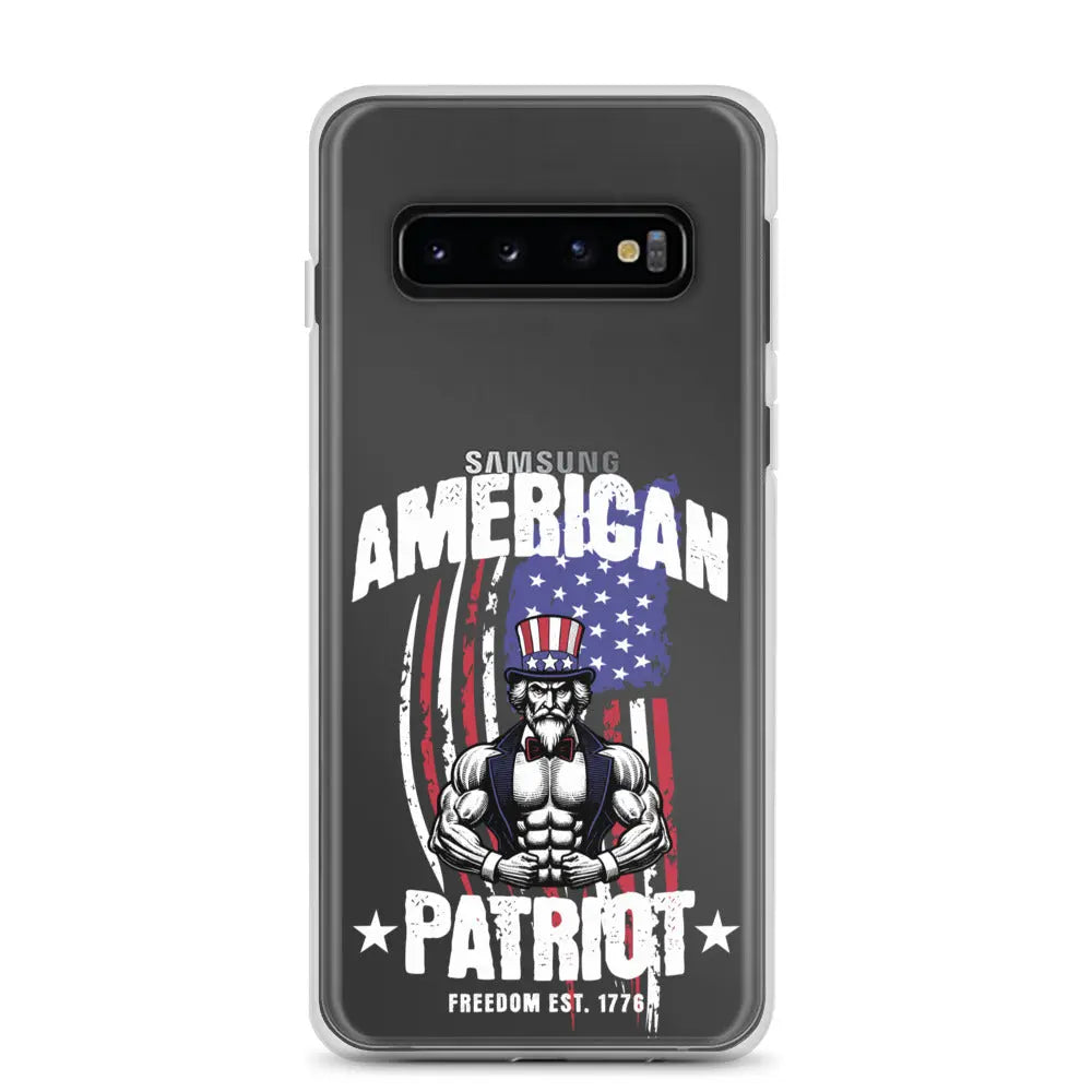 Patriotic Samsung clear phone case with a flexing uncle sam and the text "American Patriot"
