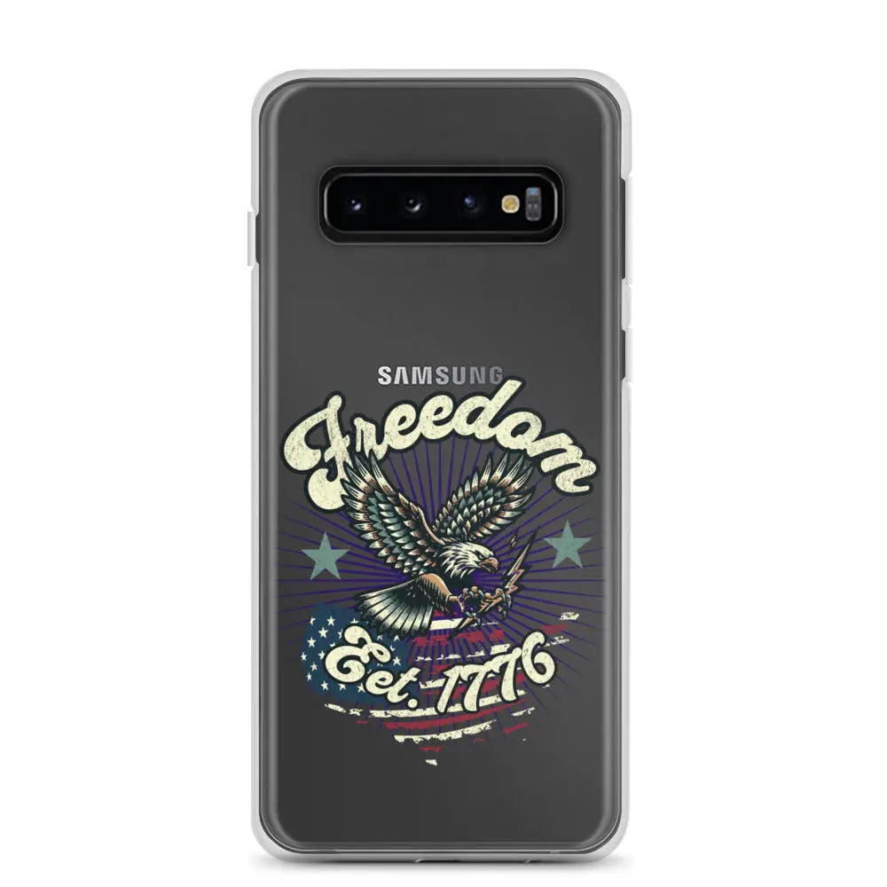 Patriotic Samsung clear phone case with an eagle design and the text "Freedom est. 1776."
