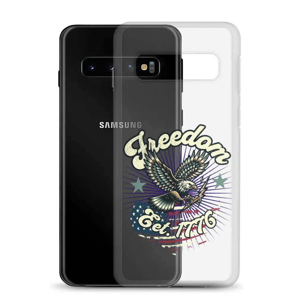 Patriotic Samsung clear phone case with an eagle design and the text "Freedom est. 1776."