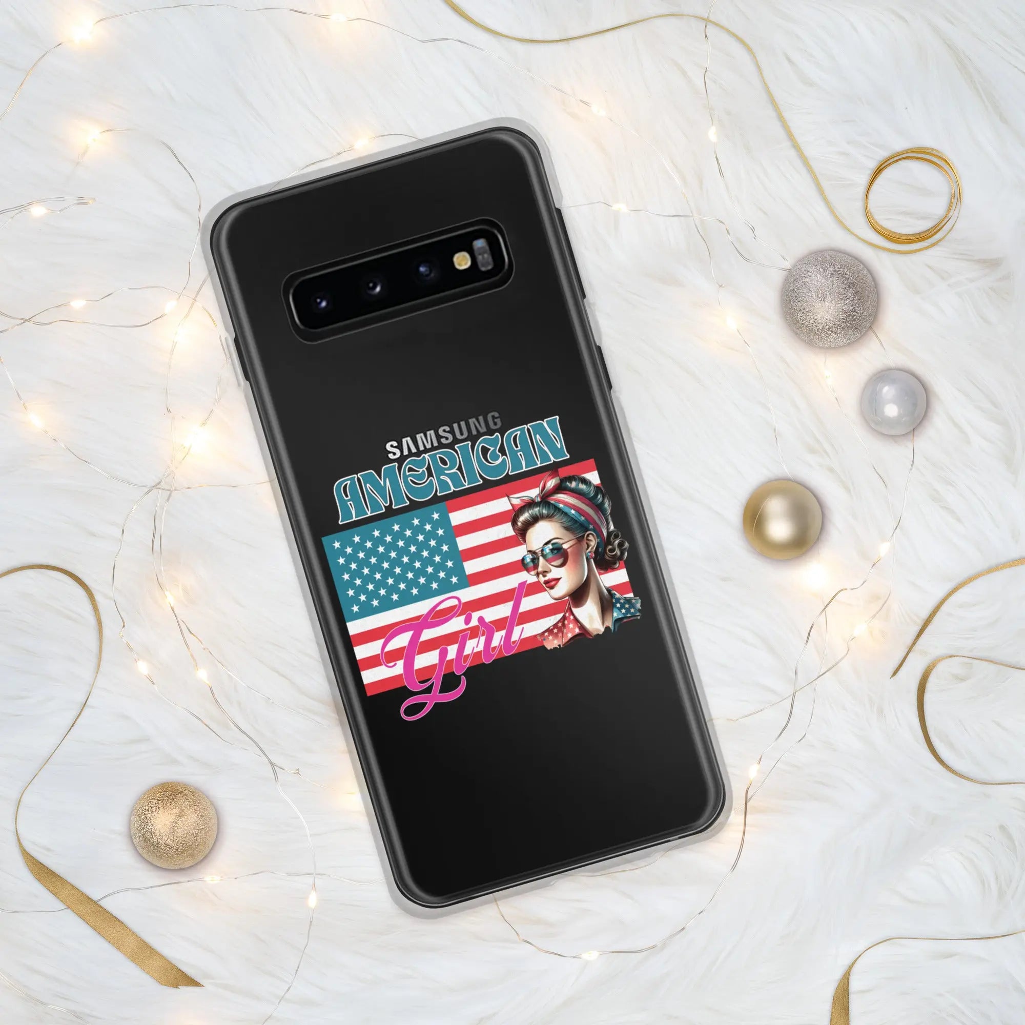 A patriotic Samsung phone clear case with the American flag and a woman's head on it and the text "American Girl."