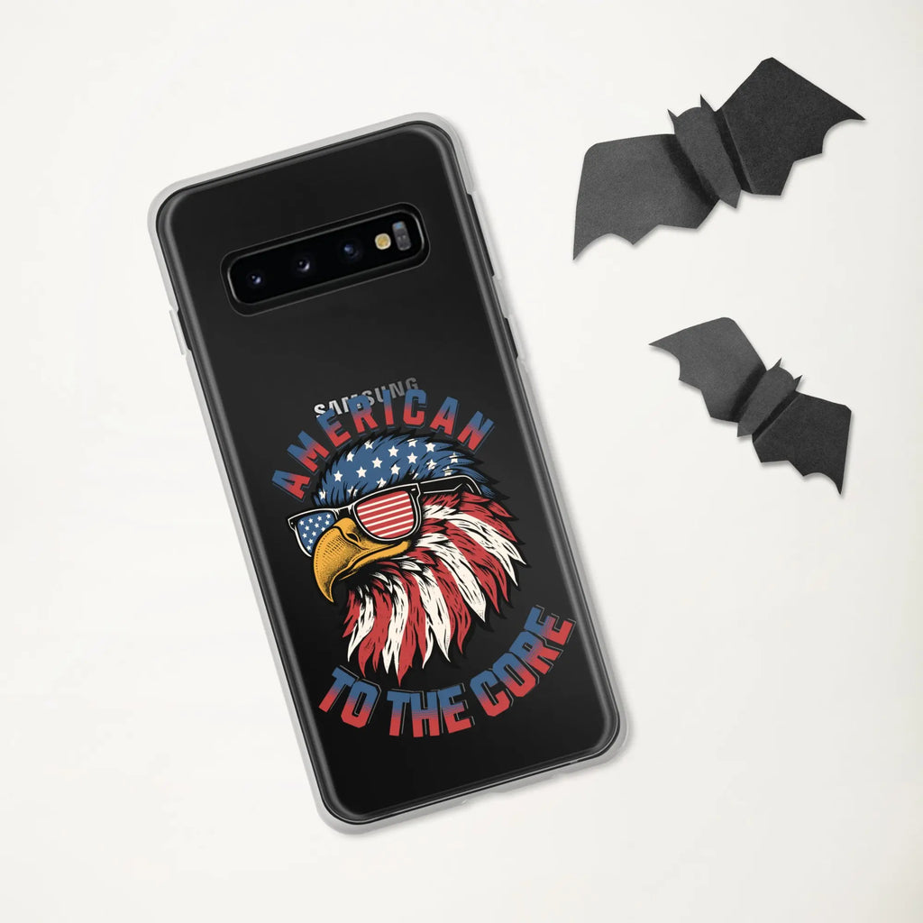 A patriotic Samsung phone clear case with an eagle head and the text "American To The Core."