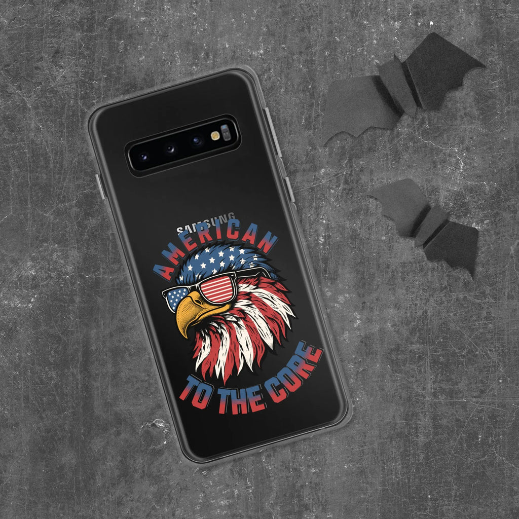 A patriotic Samsung phone clear case with an eagle head and the text "American To The Core."