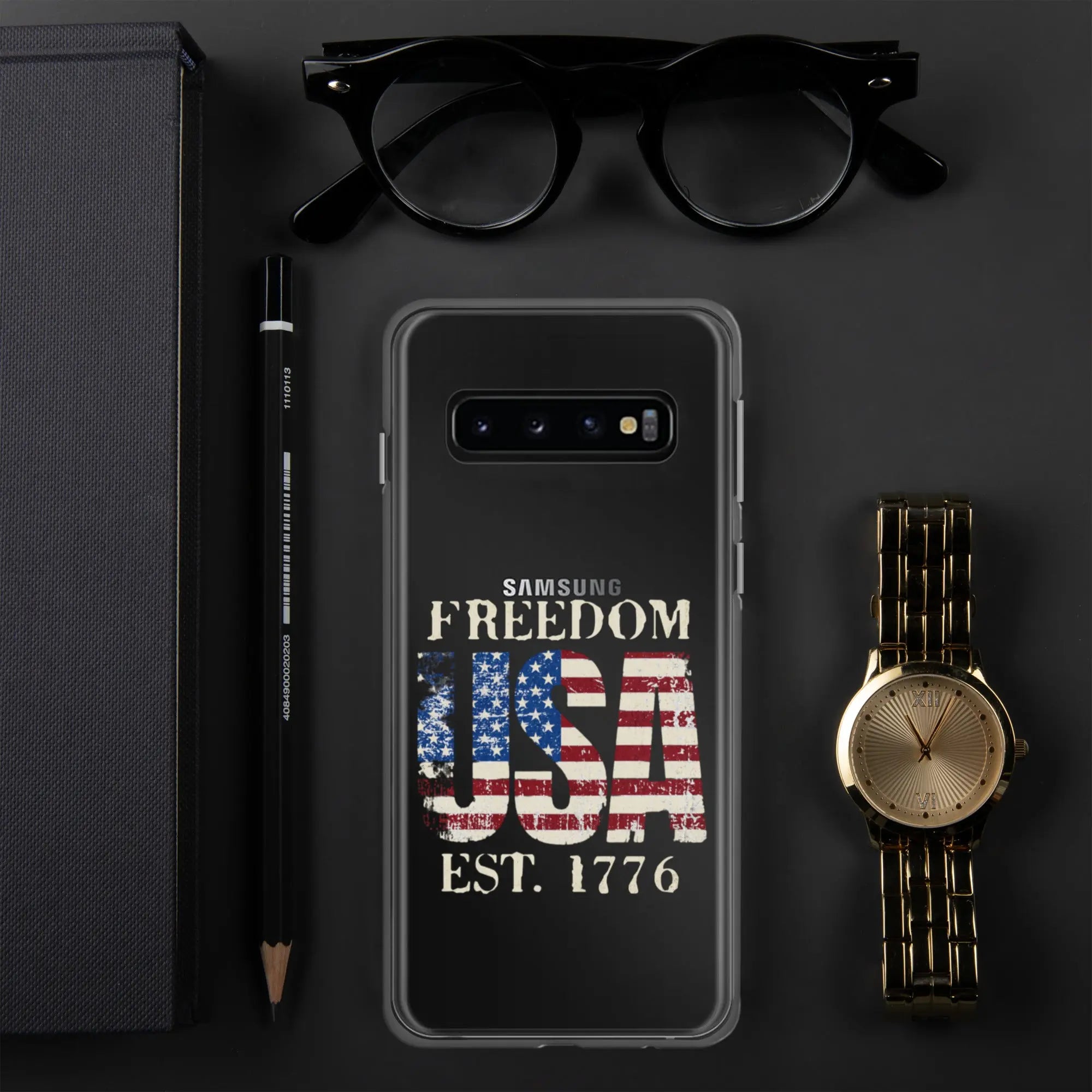 A patriotic Samsung clear phone case with the American flag in the shape of the USA and the text "Freedom est. 1776."