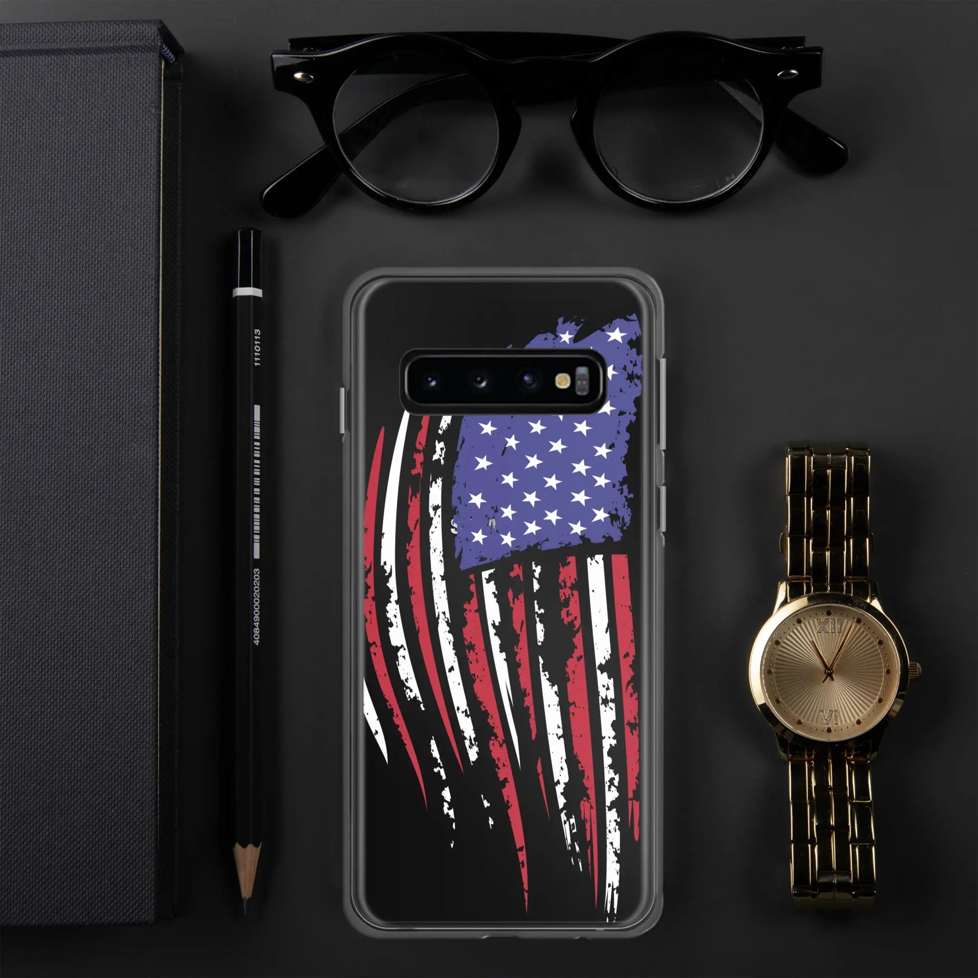 A patriotic Samsung phone clear case with the American flag. 