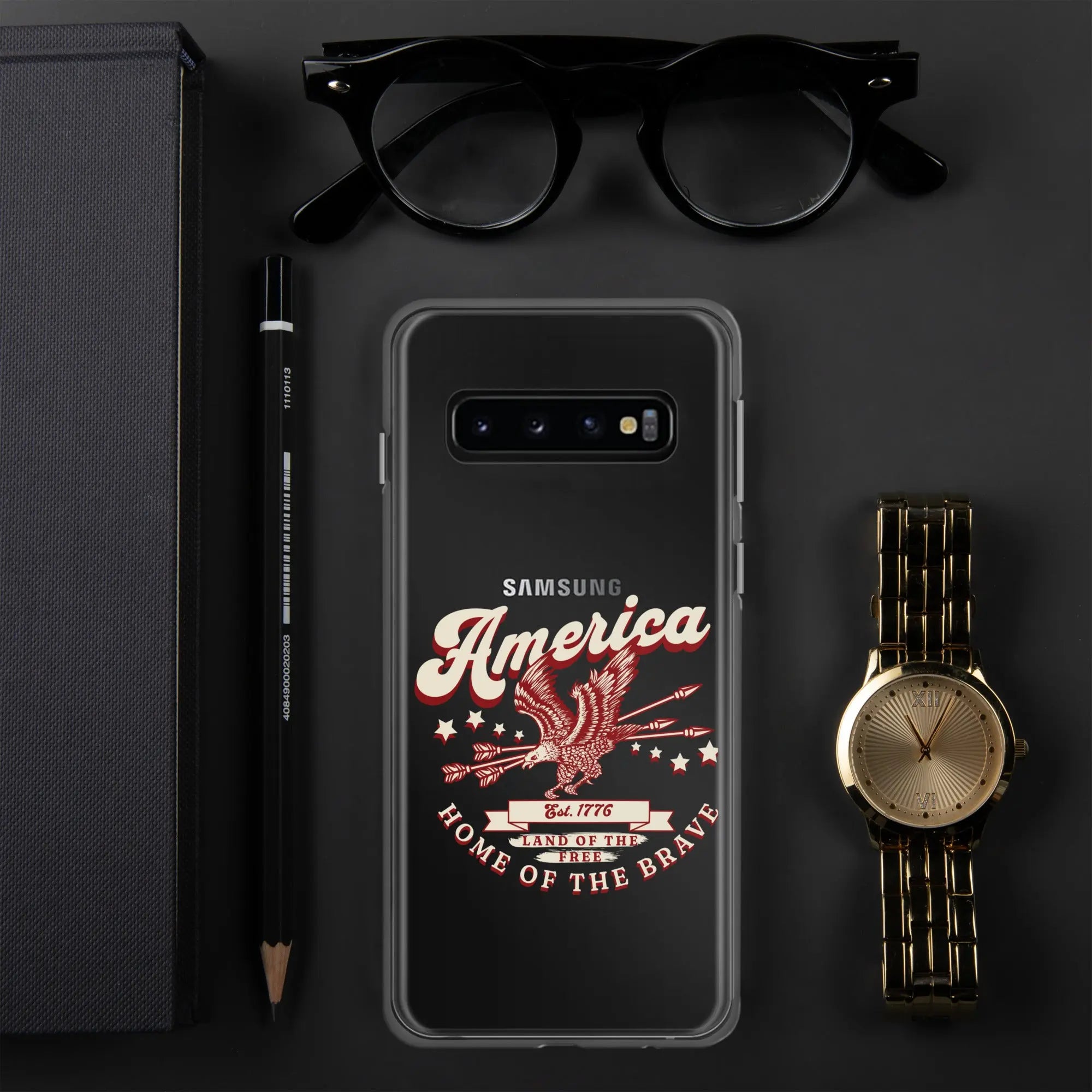 Patriotic Samsung clear phone case with a flying eagle and the text "America, Home Of the Brave."