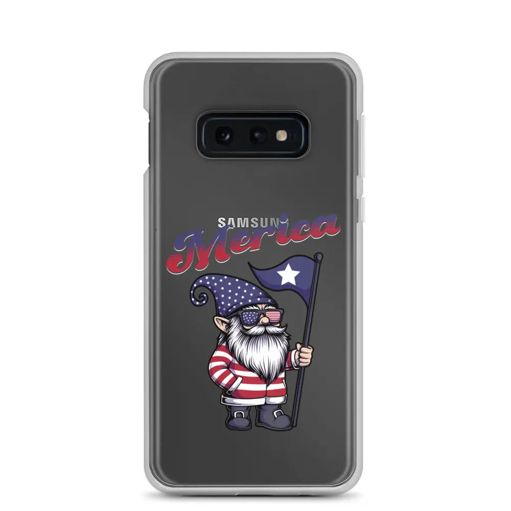A patriotic Samsung phone clear case with a gnome holding a flag and the text "Merica."