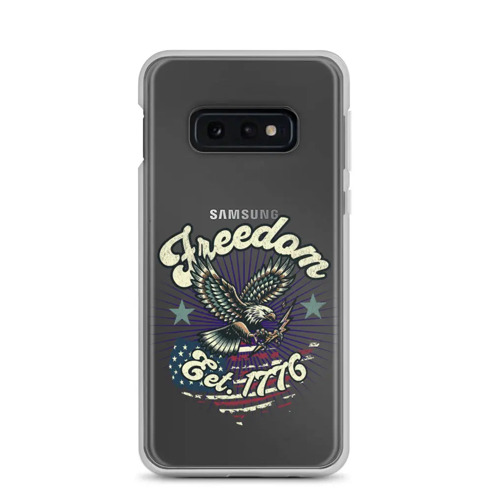 Patriotic Samsung clear phone case with an eagle design and the text "Freedom est. 1776."