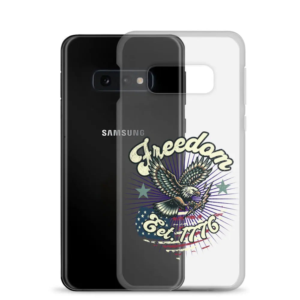 Patriotic Samsung clear phone case with an eagle design and the text "Freedom est. 1776."