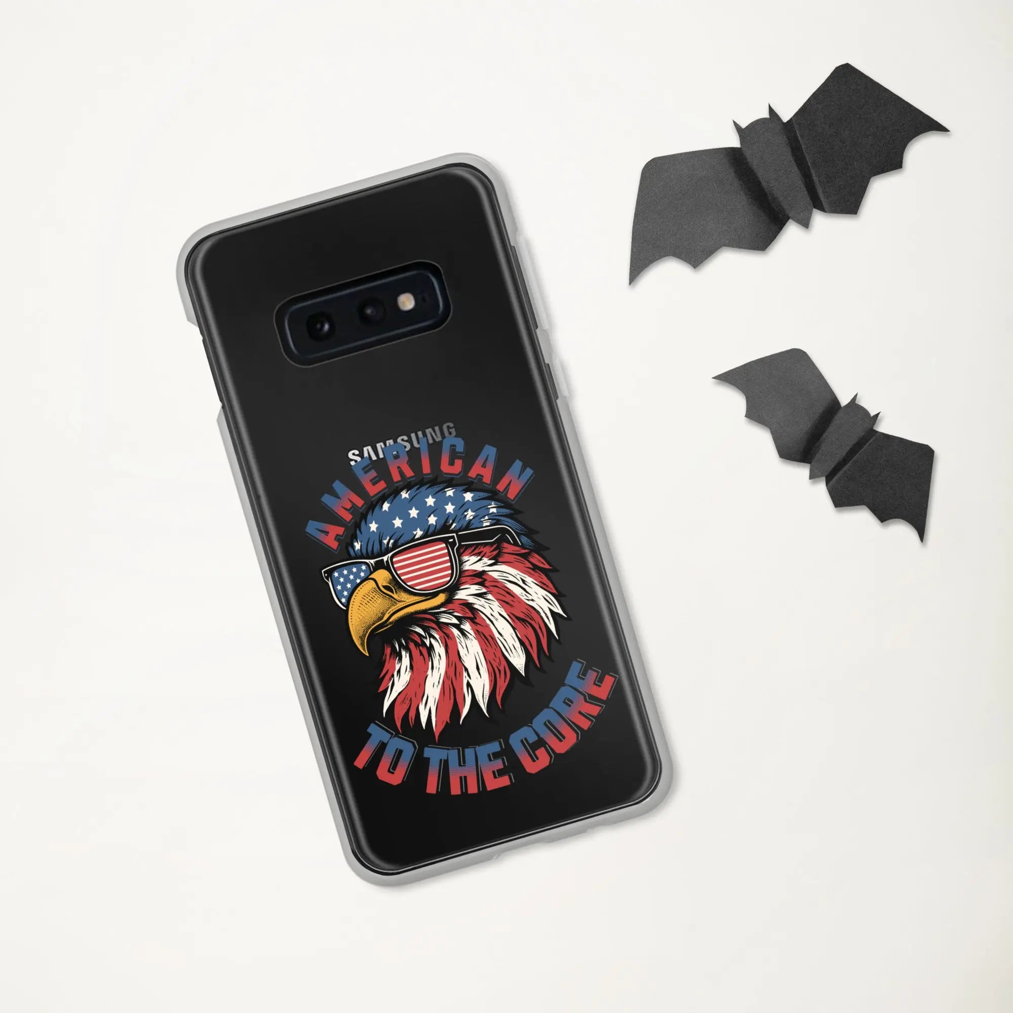 A patriotic Samsung phone clear case with an eagle head and the text "American To The Core."