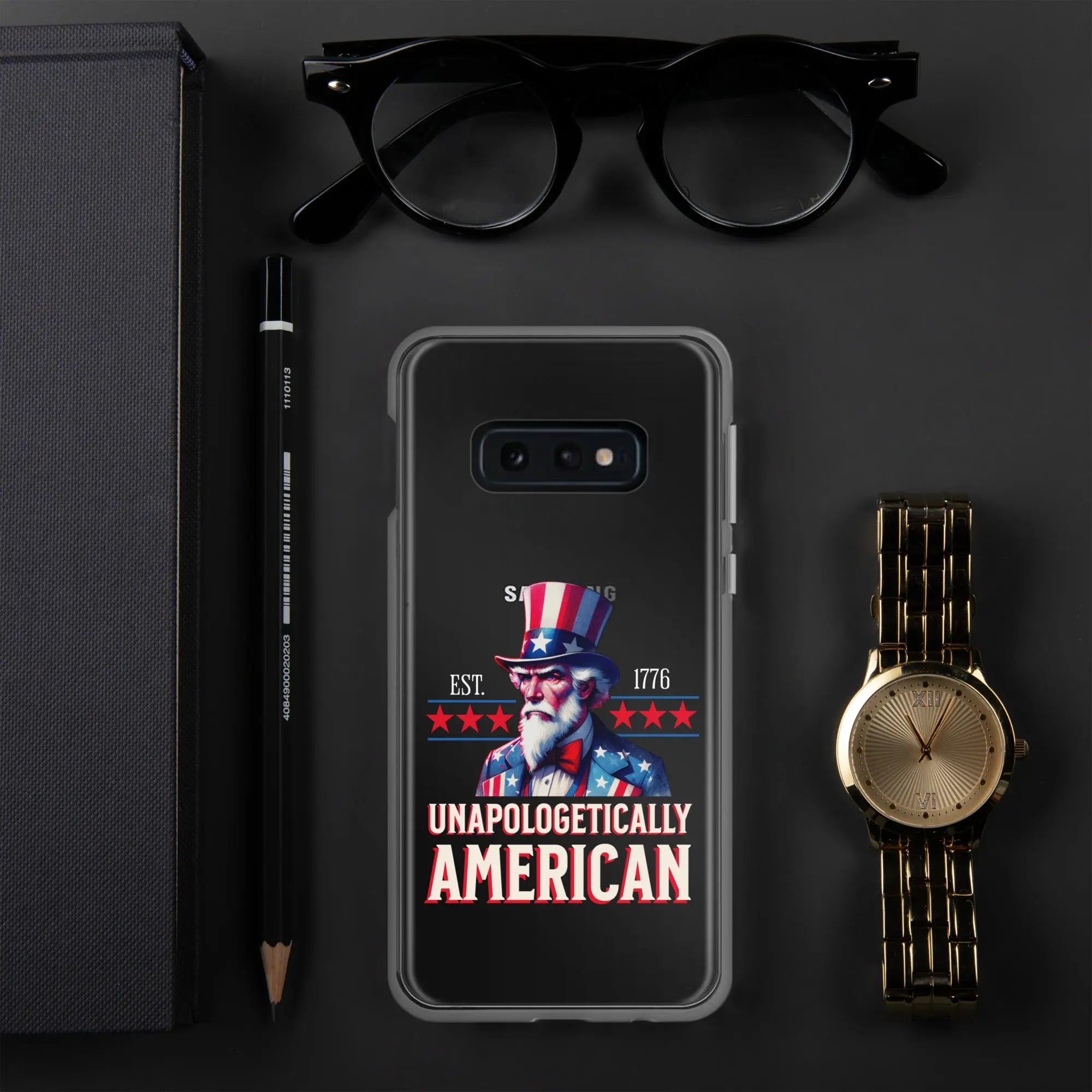 A patriotic Samsung clear phone case with Uncle Sam and the text "Unapologetically American."