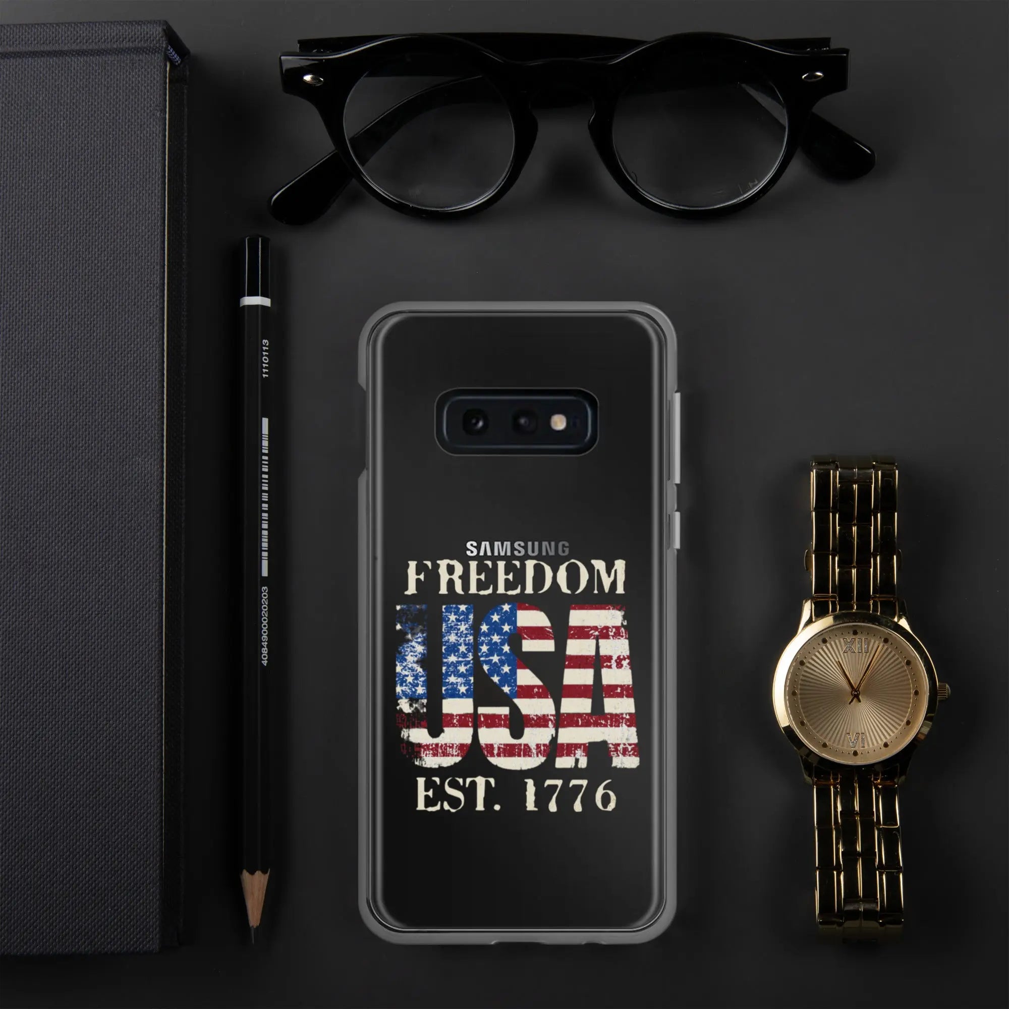 A patriotic Samsung clear phone case with the American flag in the shape of the USA and the text "Freedom est. 1776."