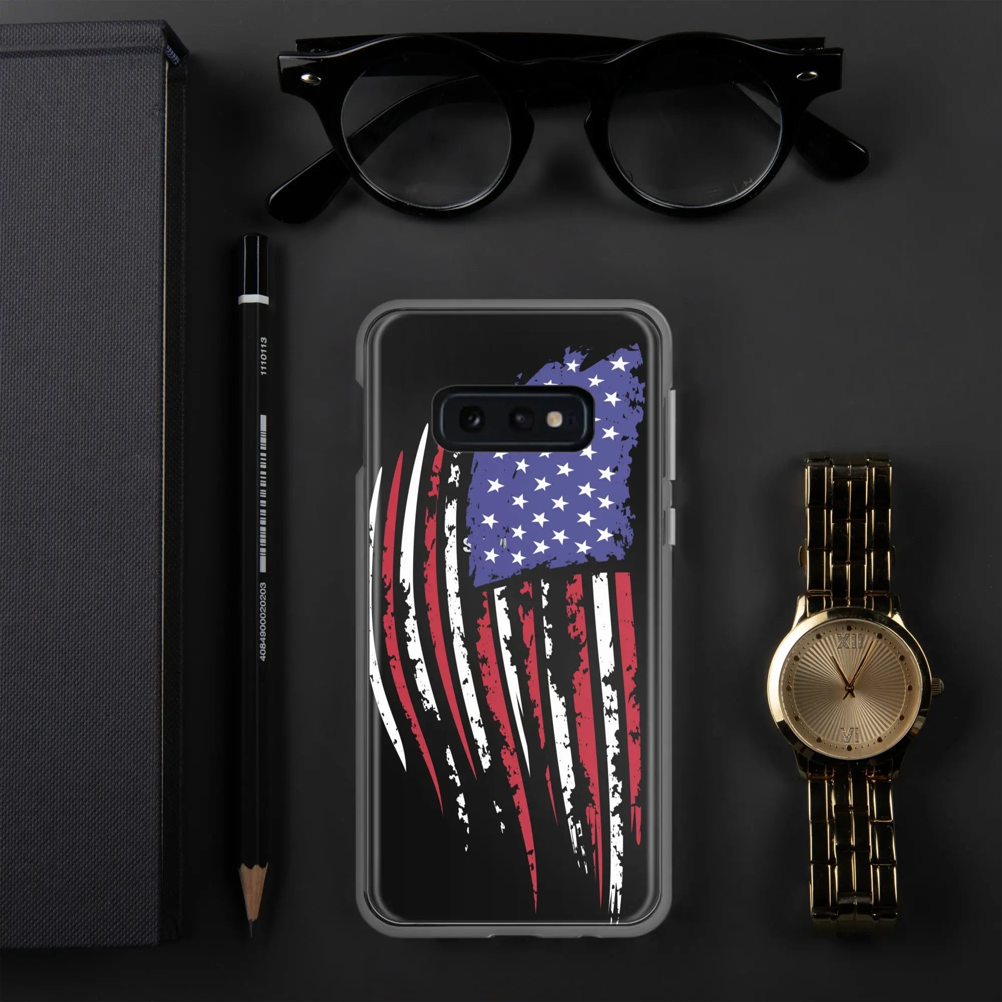 A patriotic Samsung phone clear case with the American flag. 