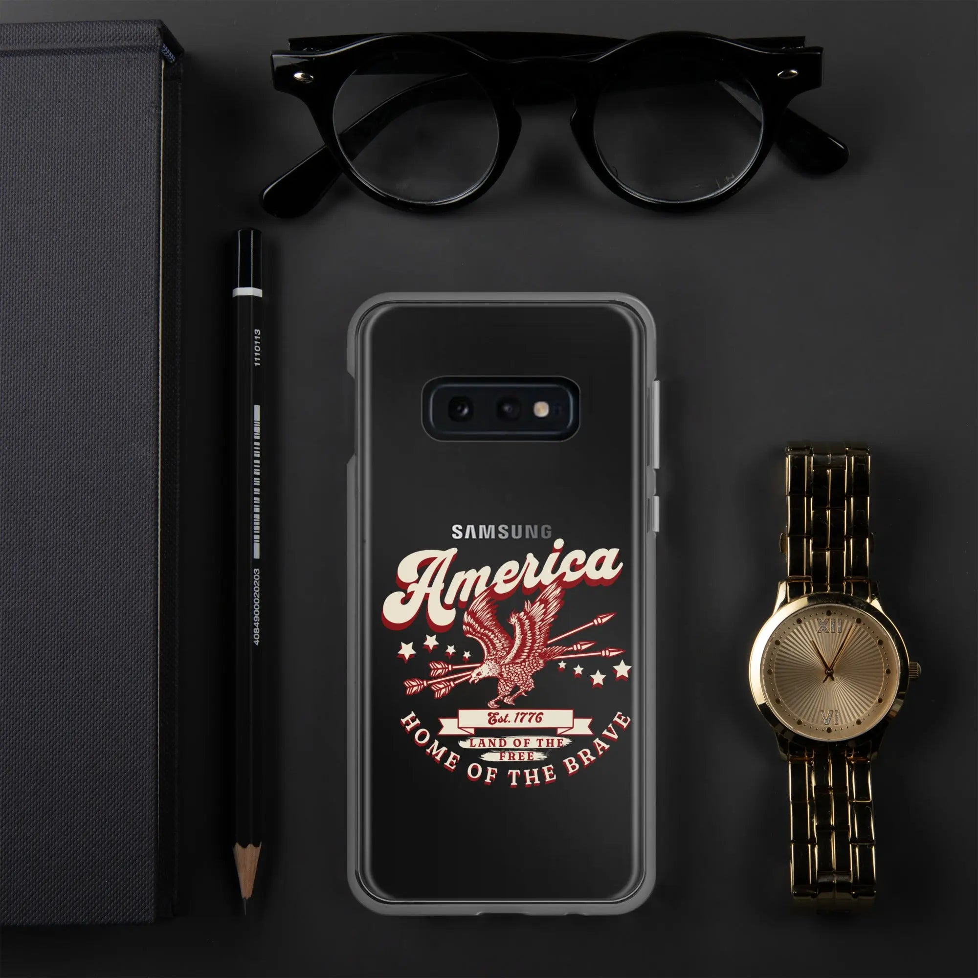 Patriotic Samsung clear phone case with a flying eagle and the text "America, Home Of The Brave."