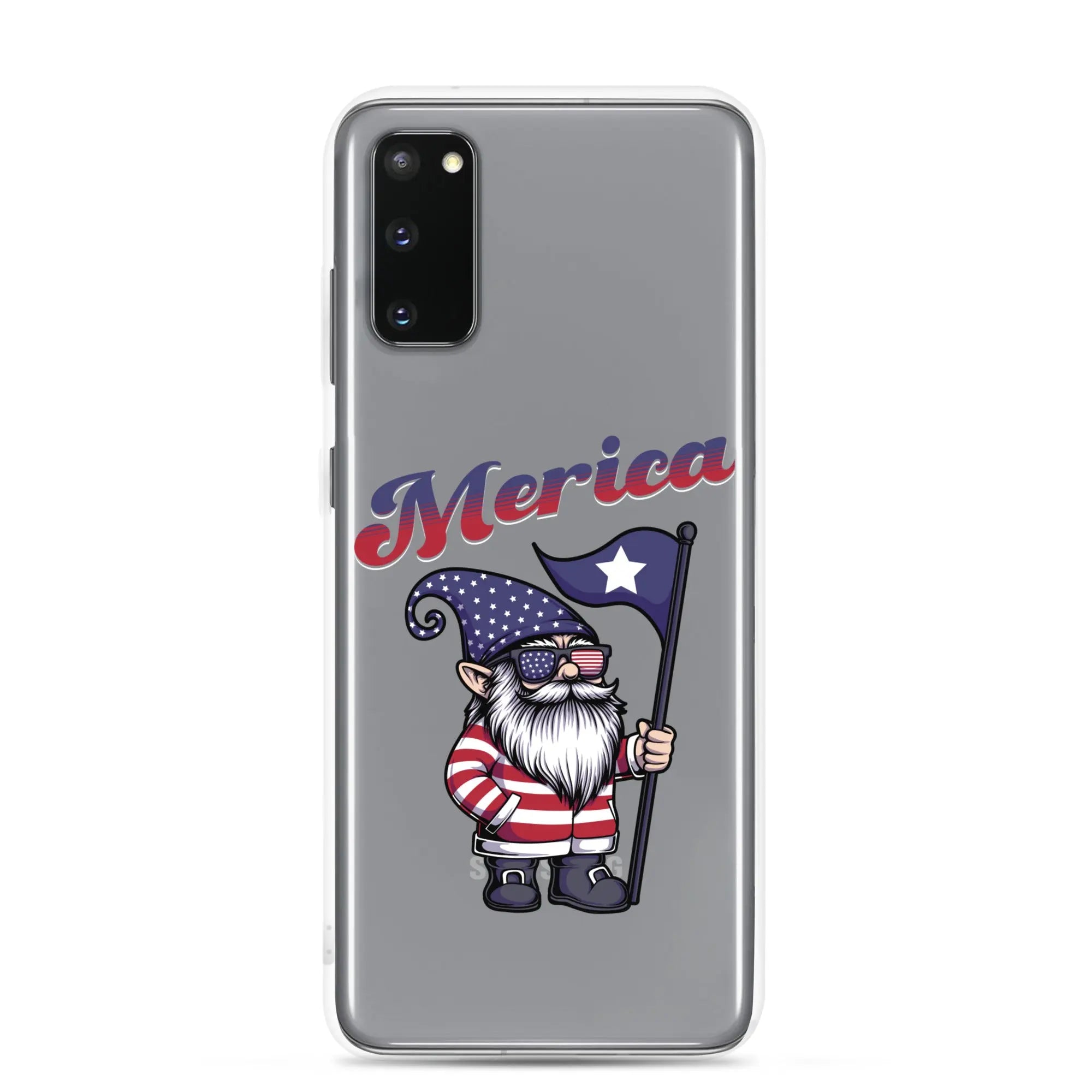 A patriotic Samsung phone clear case with a gnome holding a flag and the text "Merica."