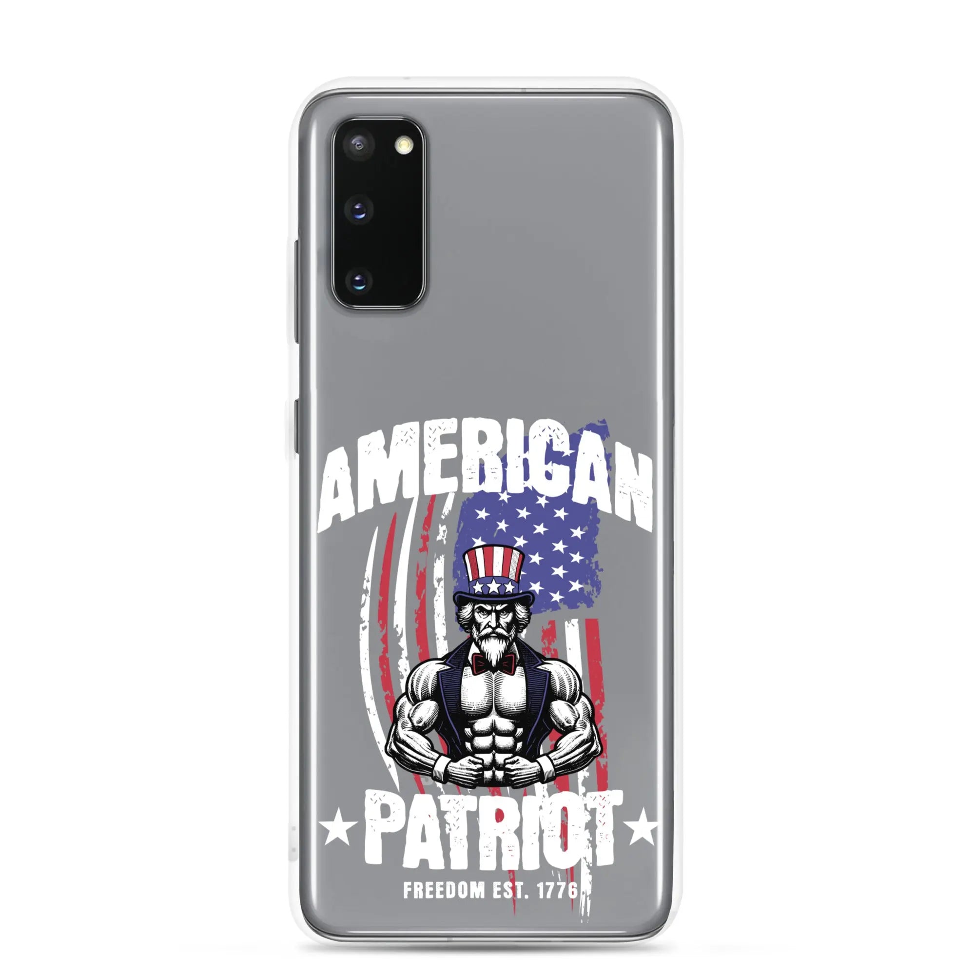Patriotic Samsung clear phone case with a flexing uncle sam and the text "American Patriot"