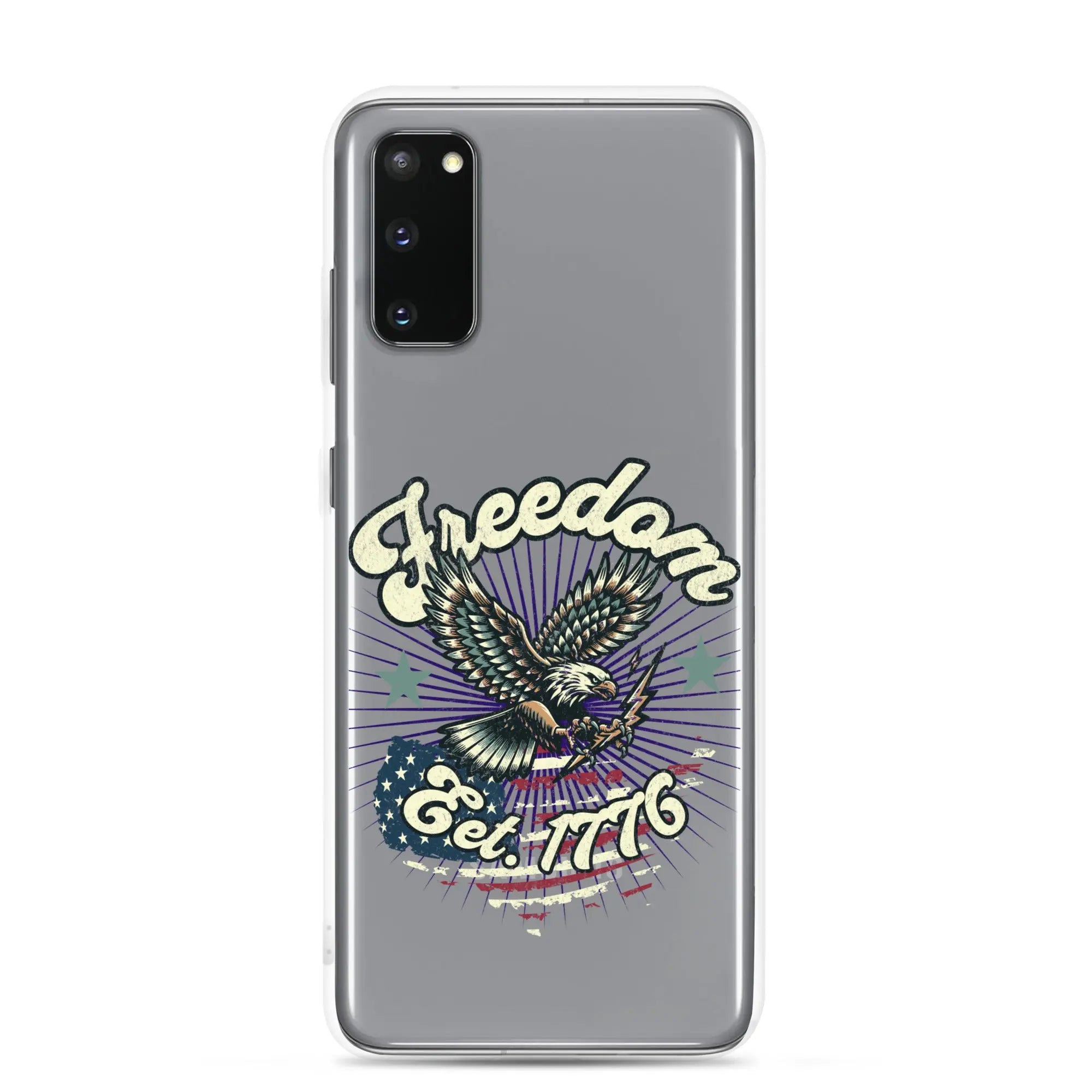 Patriotic Samsung clear phone case with an eagle design and the text "Freedom est. 1776."