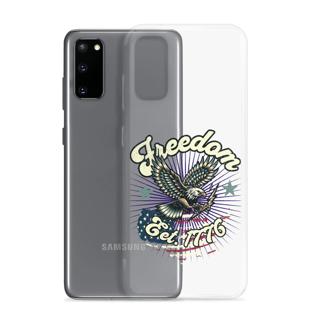 Patriotic Samsung clear phone case with an eagle design and the text "Freedom est. 1776."
