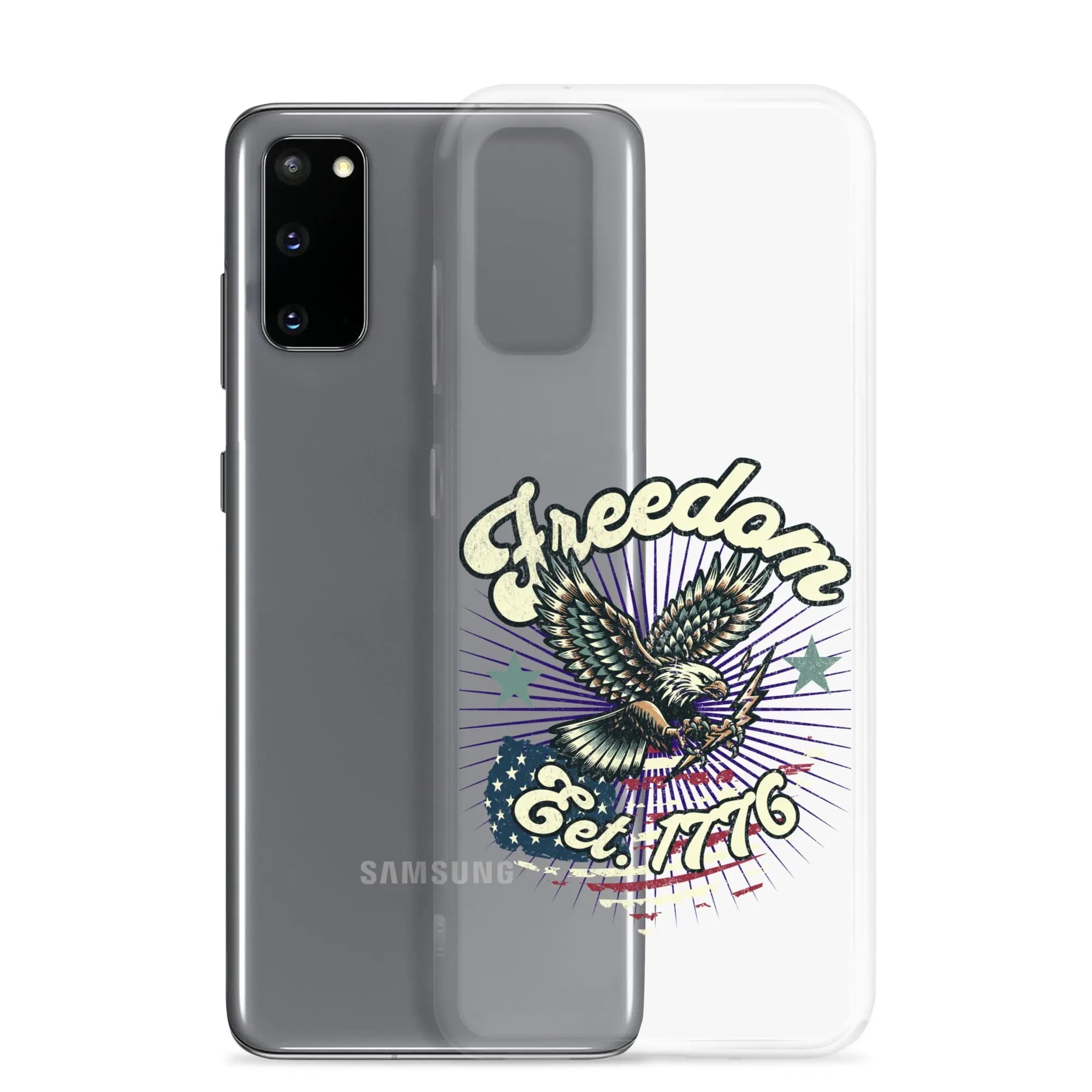 Patriotic Samsung clear phone case with an eagle design and the text "Freedom est. 1776."