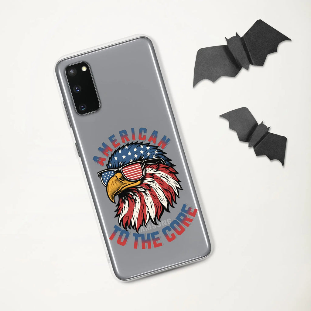 A patriotic Samsung phone clear case with an eagle head and the text "American To The Core."
