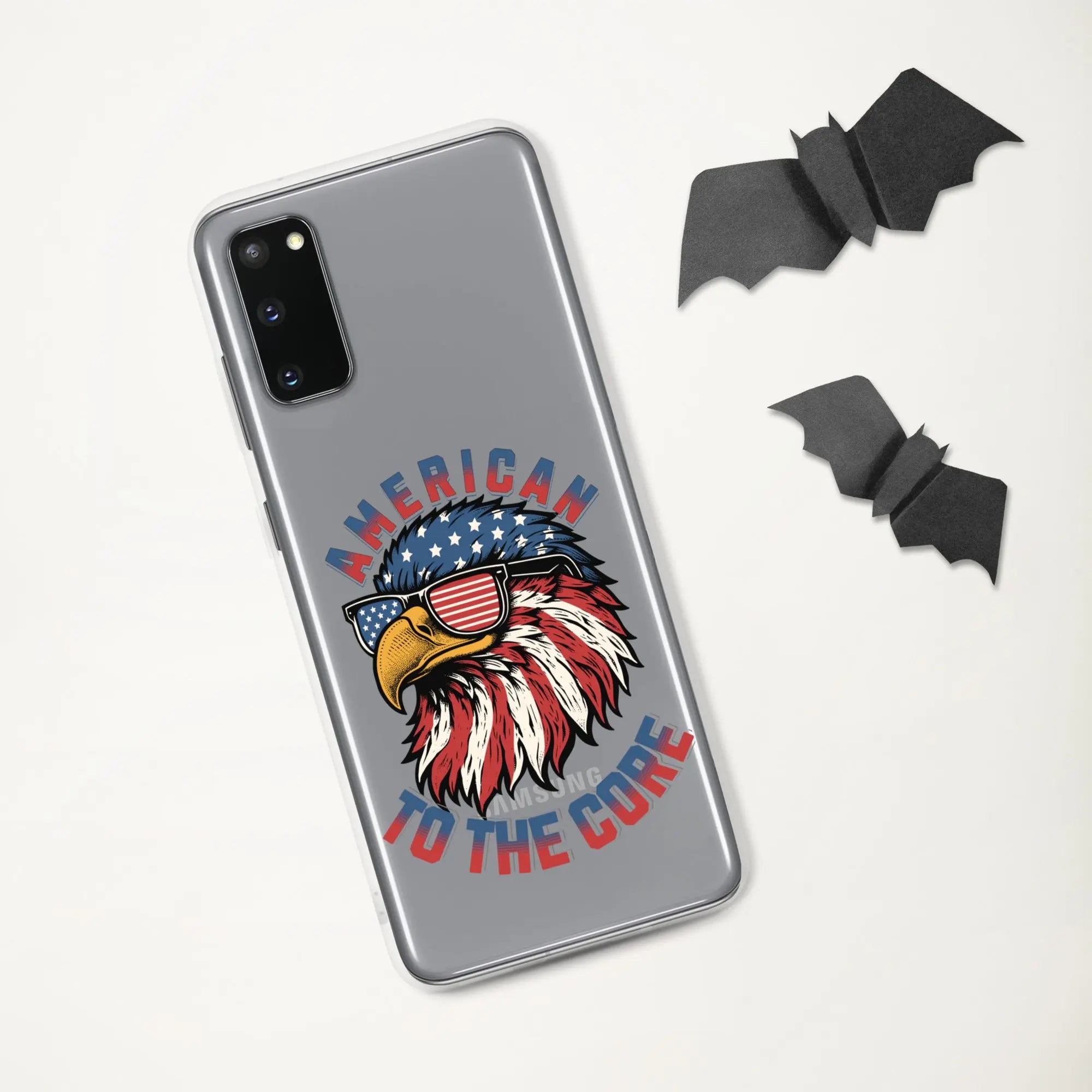 A patriotic Samsung phone clear case with an eagle head and the text "American To The Core."