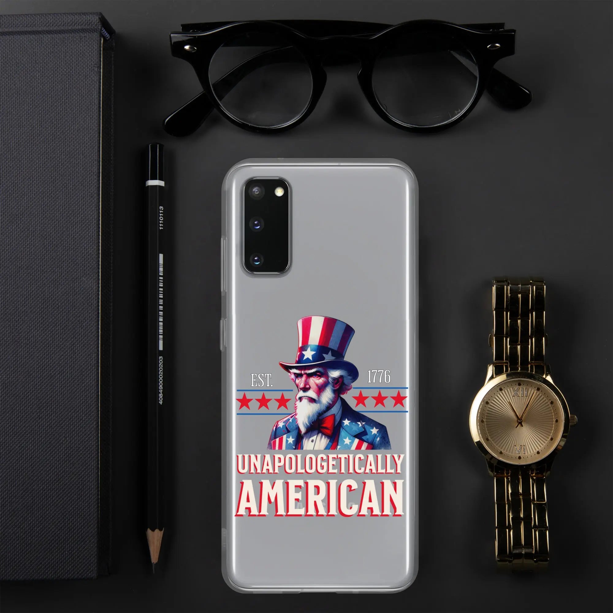 A patriotic Samsung clear phone case with Uncle Sam and the text "Unapologetically American."