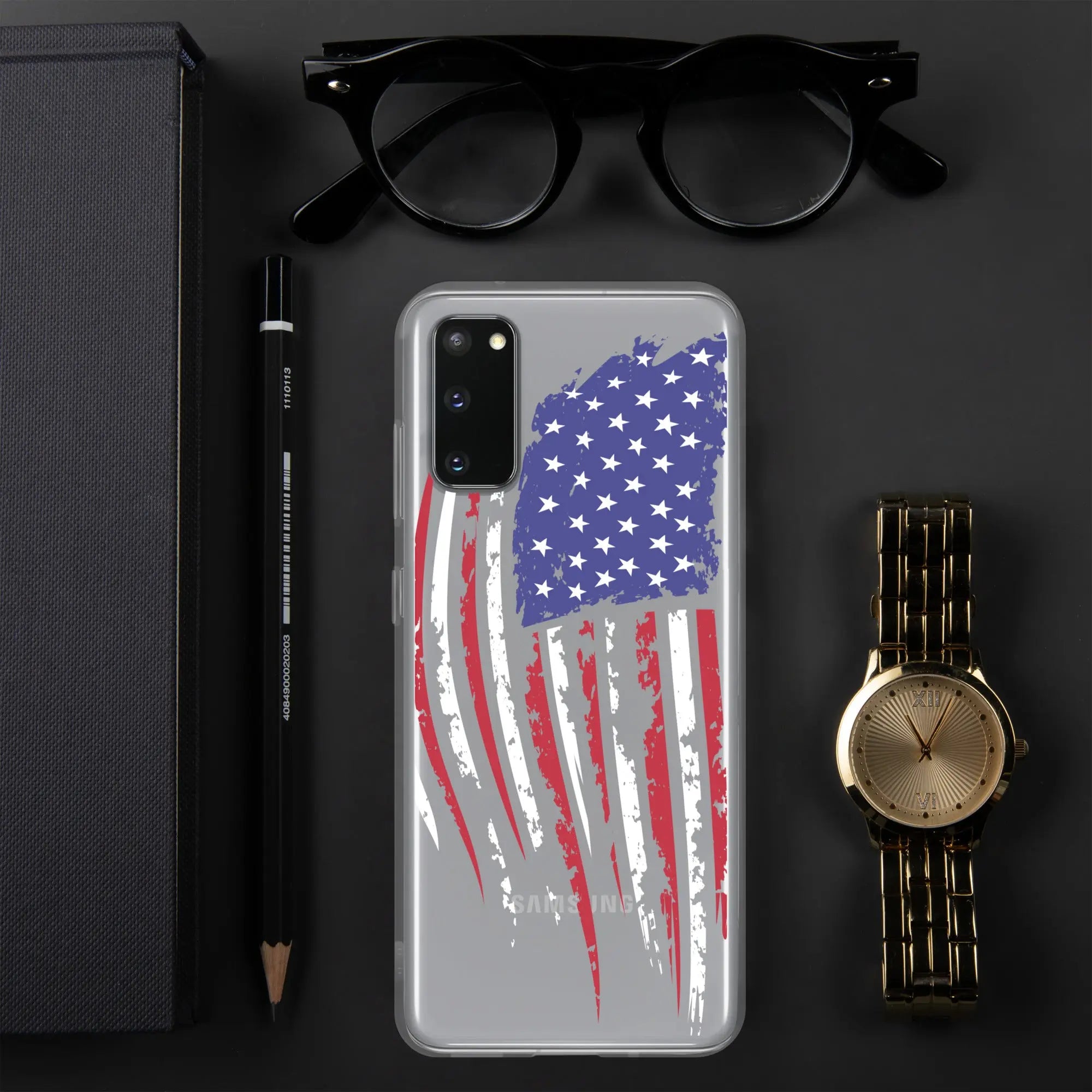 A patriotic Samsung phone clear case with the American flag.