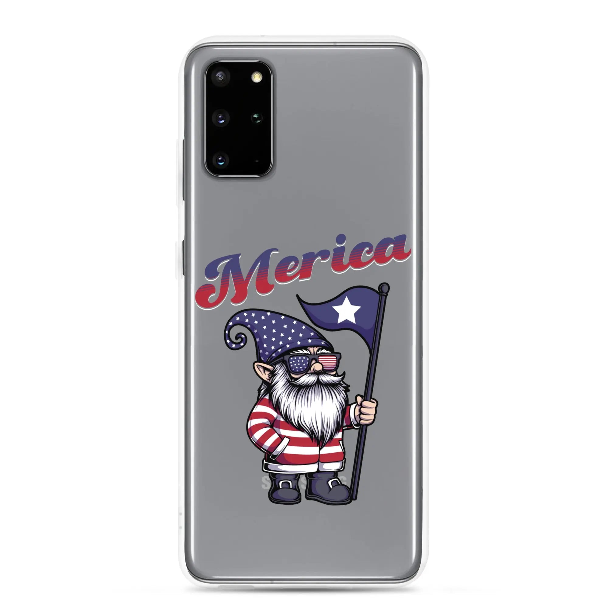 A patriotic Samsung phone clear case with a gnome holding a flag and the text "Merica."