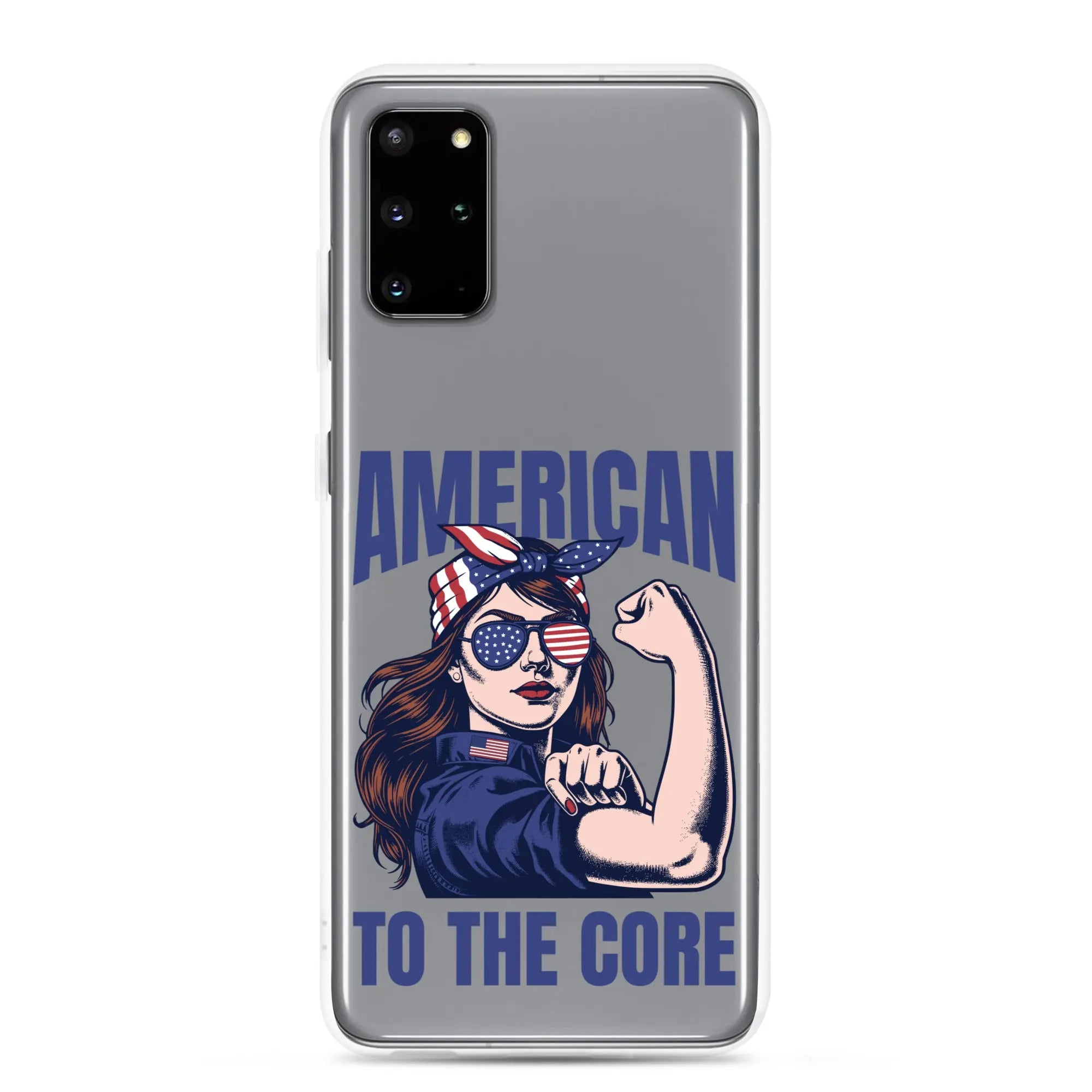 Patriotic Samsung phone clear case with a woman flexing and the text "American To The Core."