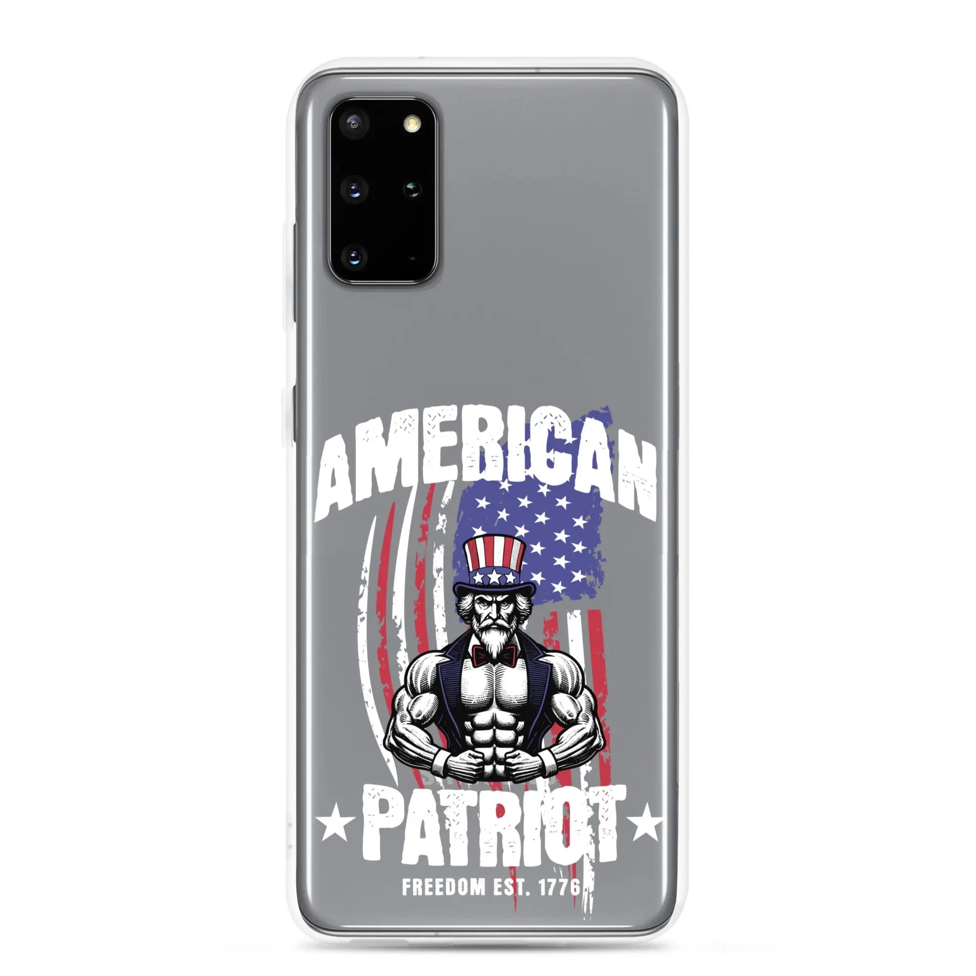Patriotic Samsung clear phone case with a flexing uncle sam and the text "American Patriot"