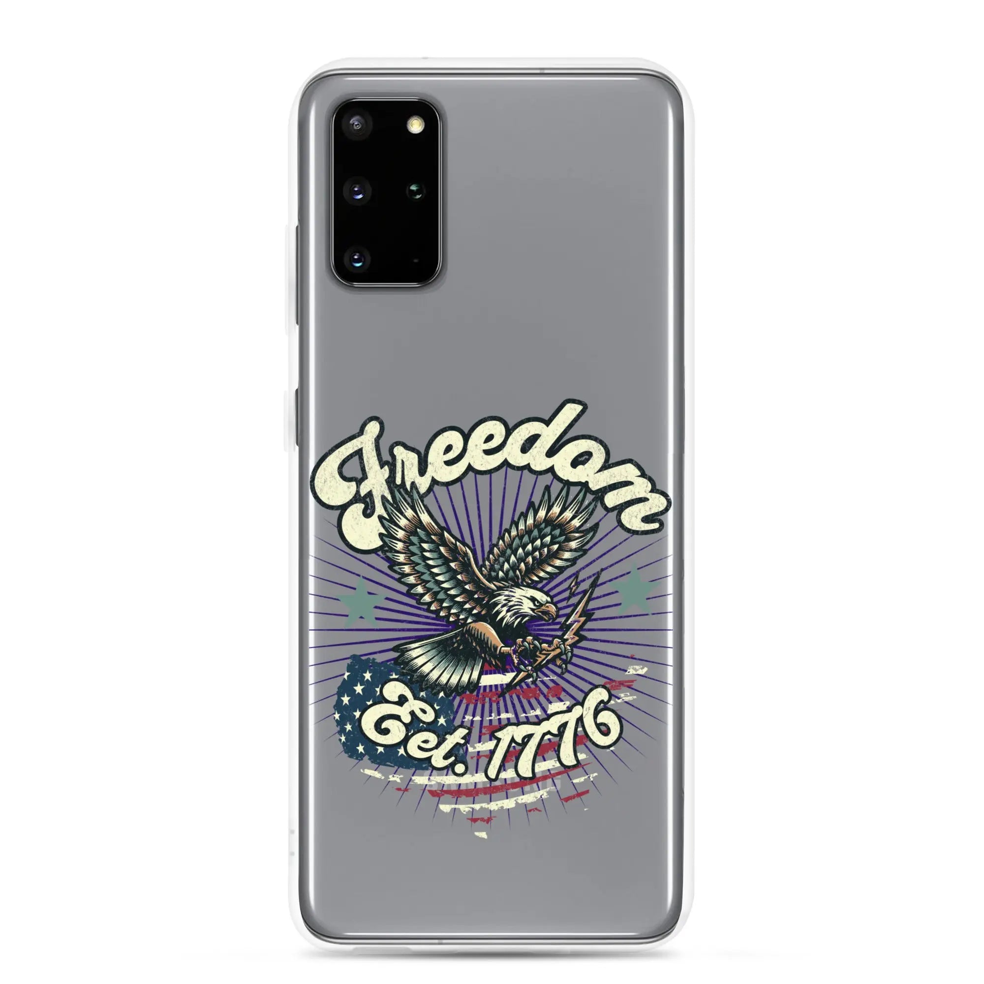 Patriotic Samsung clear phone case with an eagle design and the text "Freedom est. 1776."