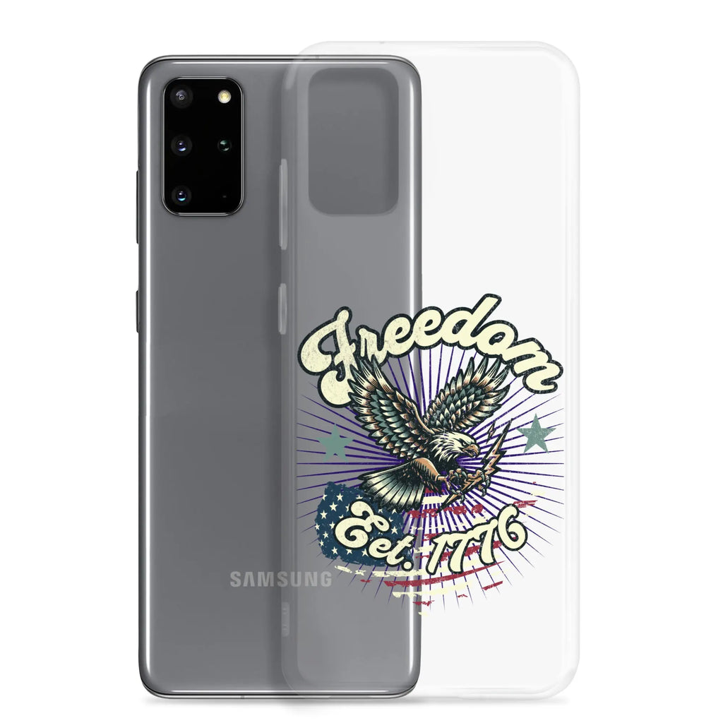 Patriotic Samsung clear phone case with an eagle design and the text "Freedom est. 1776."