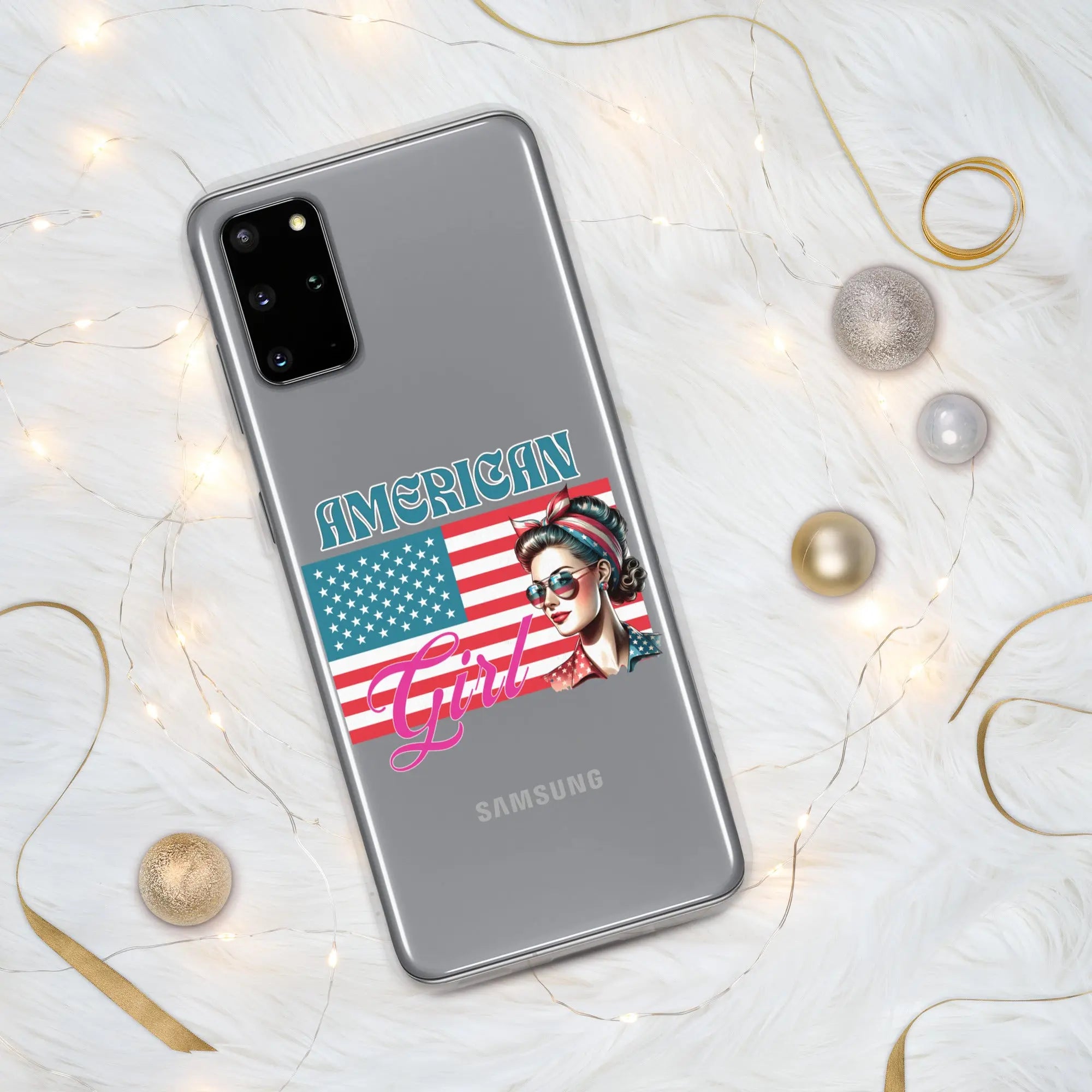 A patriotic Samsung phone clear case with the American flag and a woman's head on it and the text "American Girl."