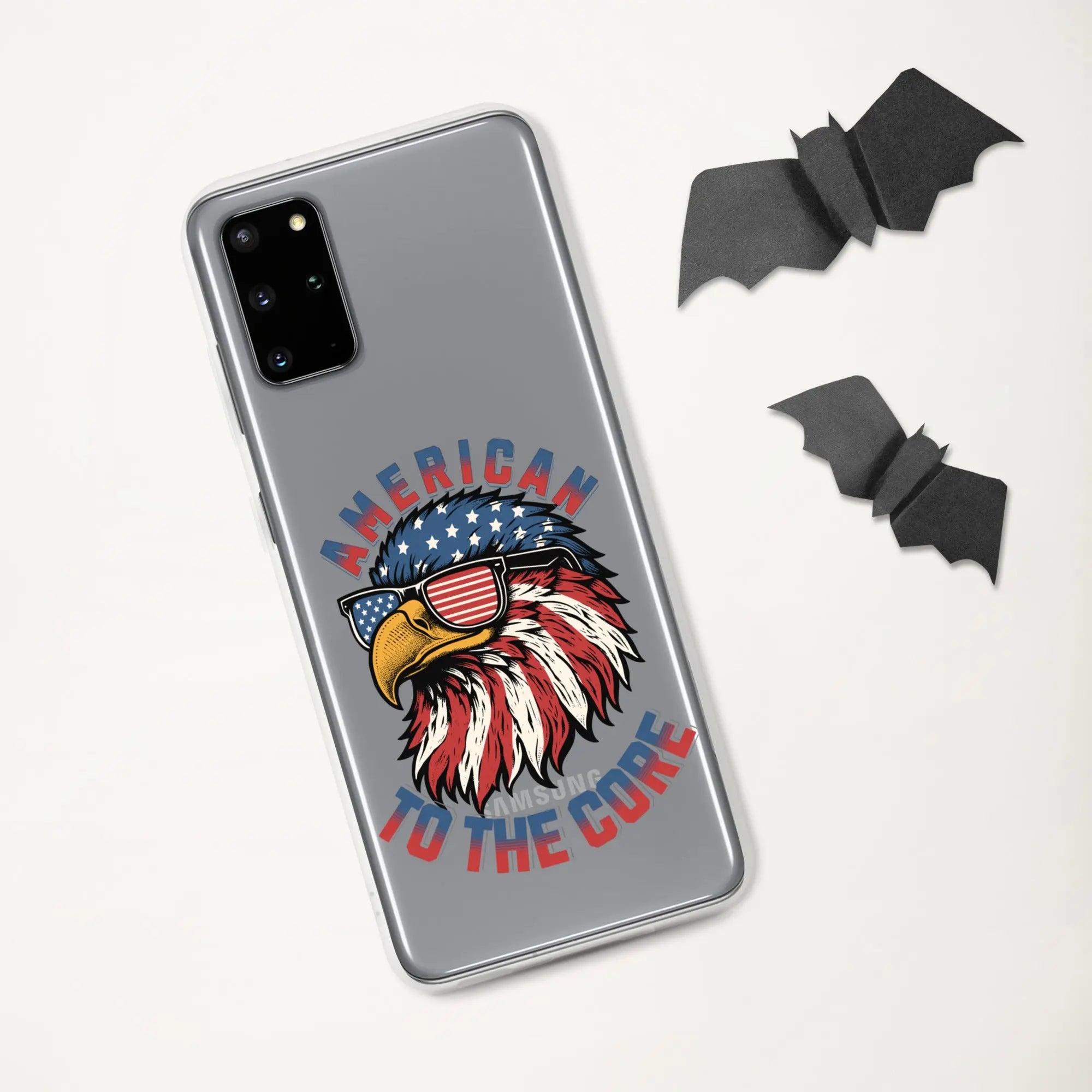 A patriotic Samsung phone clear case with an eagle head and the text "American To The Core."