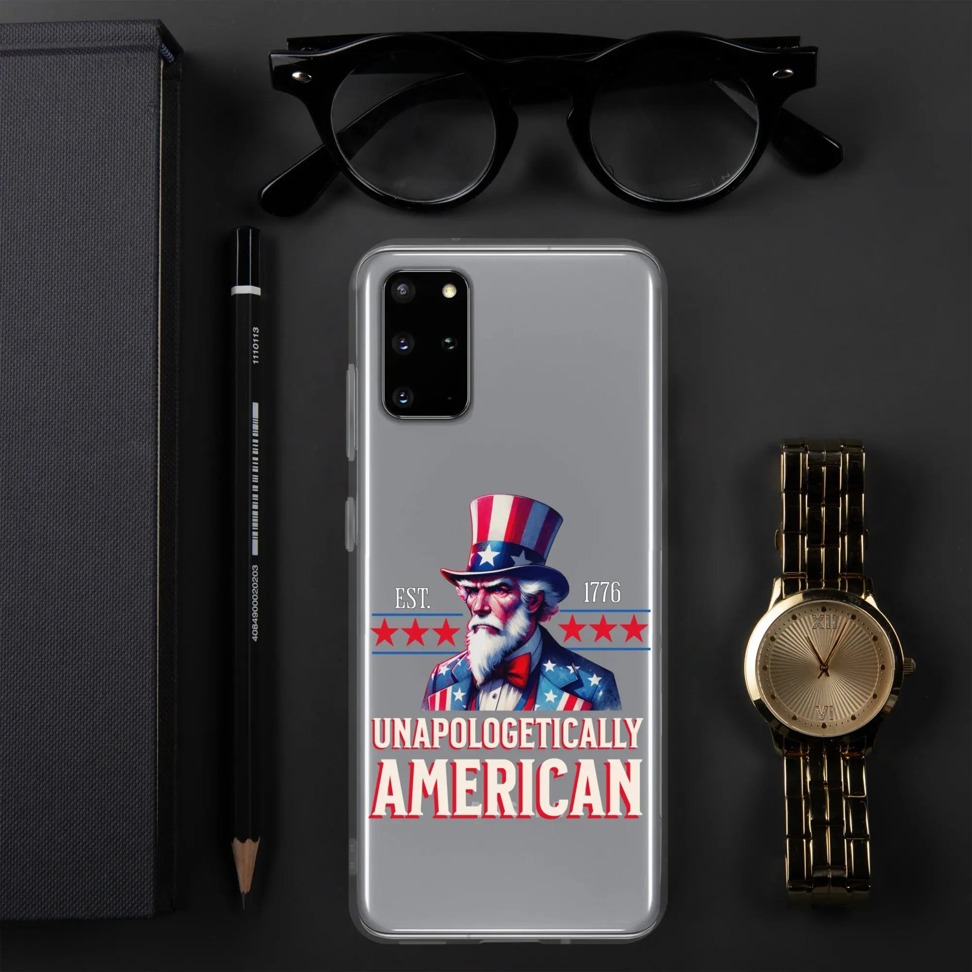 A patriotic Samsung clear phone case with Uncle Sam and the text "Unapologetically American."