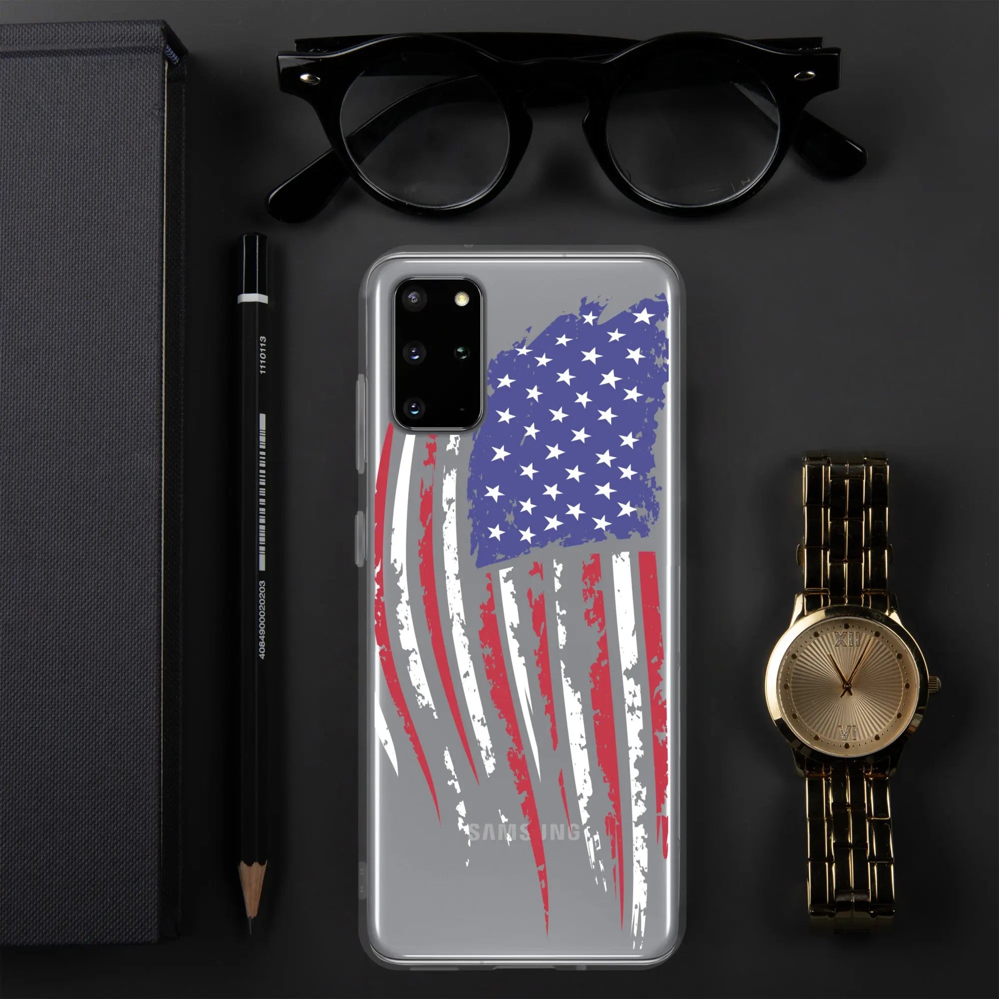 A patriotic Samsung phone clear case with the American flag. 