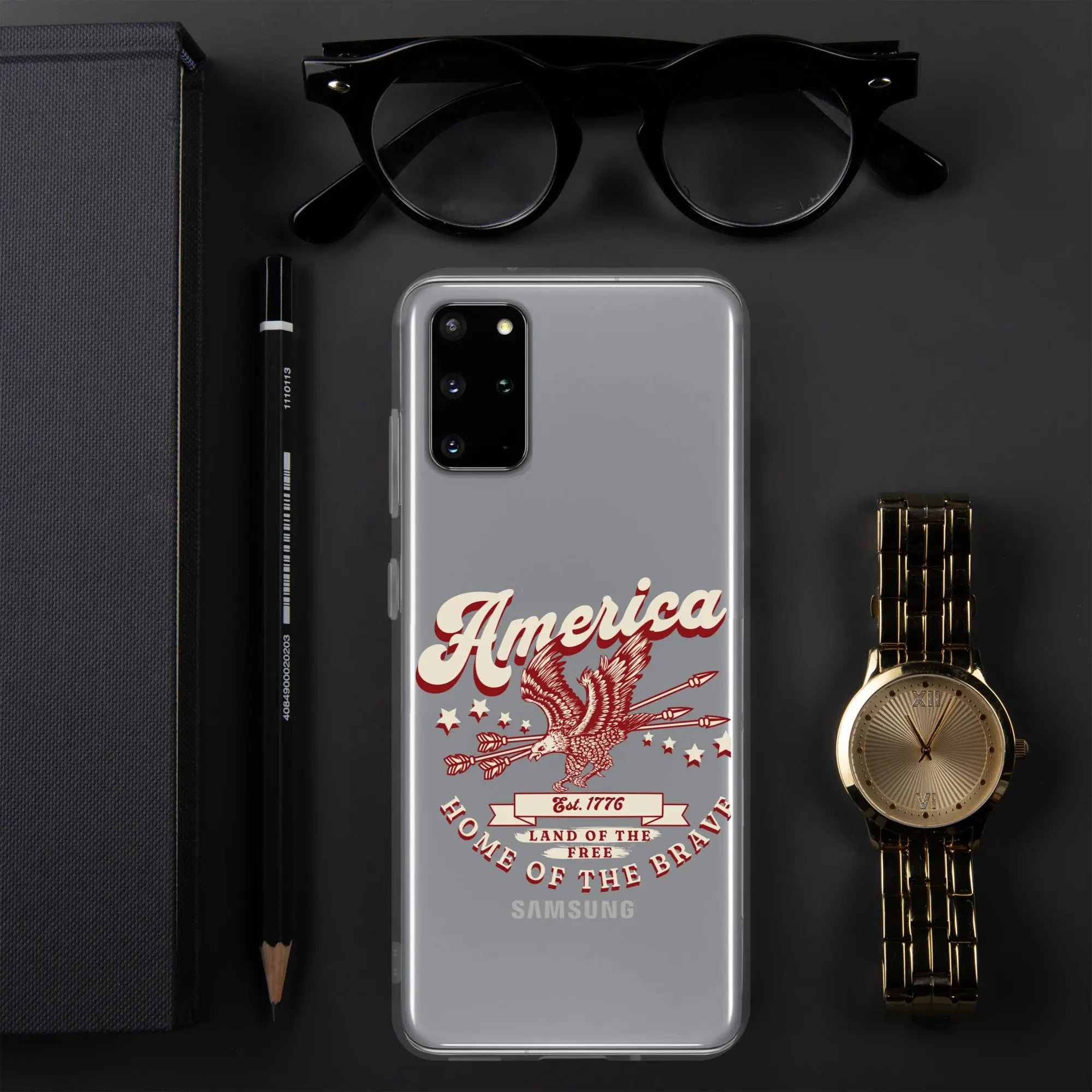Patriotic Samsung clear phone case with a flying eagle and the text "America, Home Of The Brave."
